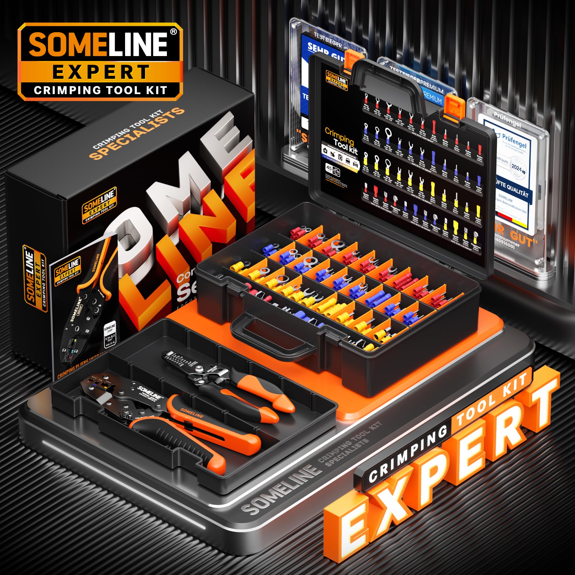 SOMELINE Kit de Crimpadora Terminales Eléctricos, 39 Tipos de Terminales Preaislados, 0,34–6mm² Crimpadora Autoajustable de Trinquete y Pelacables, para Electricista, Automoción y Bricolaje