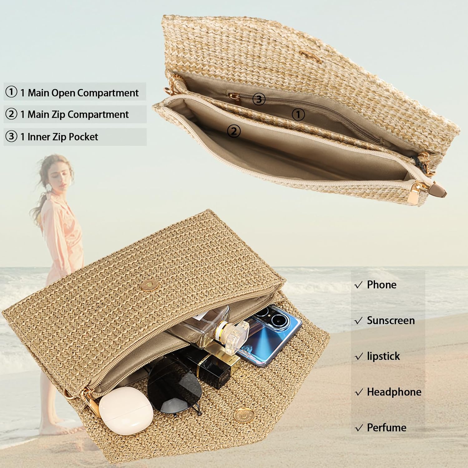 Summer Woven Straw Clutch Purse for Women,Elegant Beach Crossbody Bag, Boho Evening Handbag - Image 7