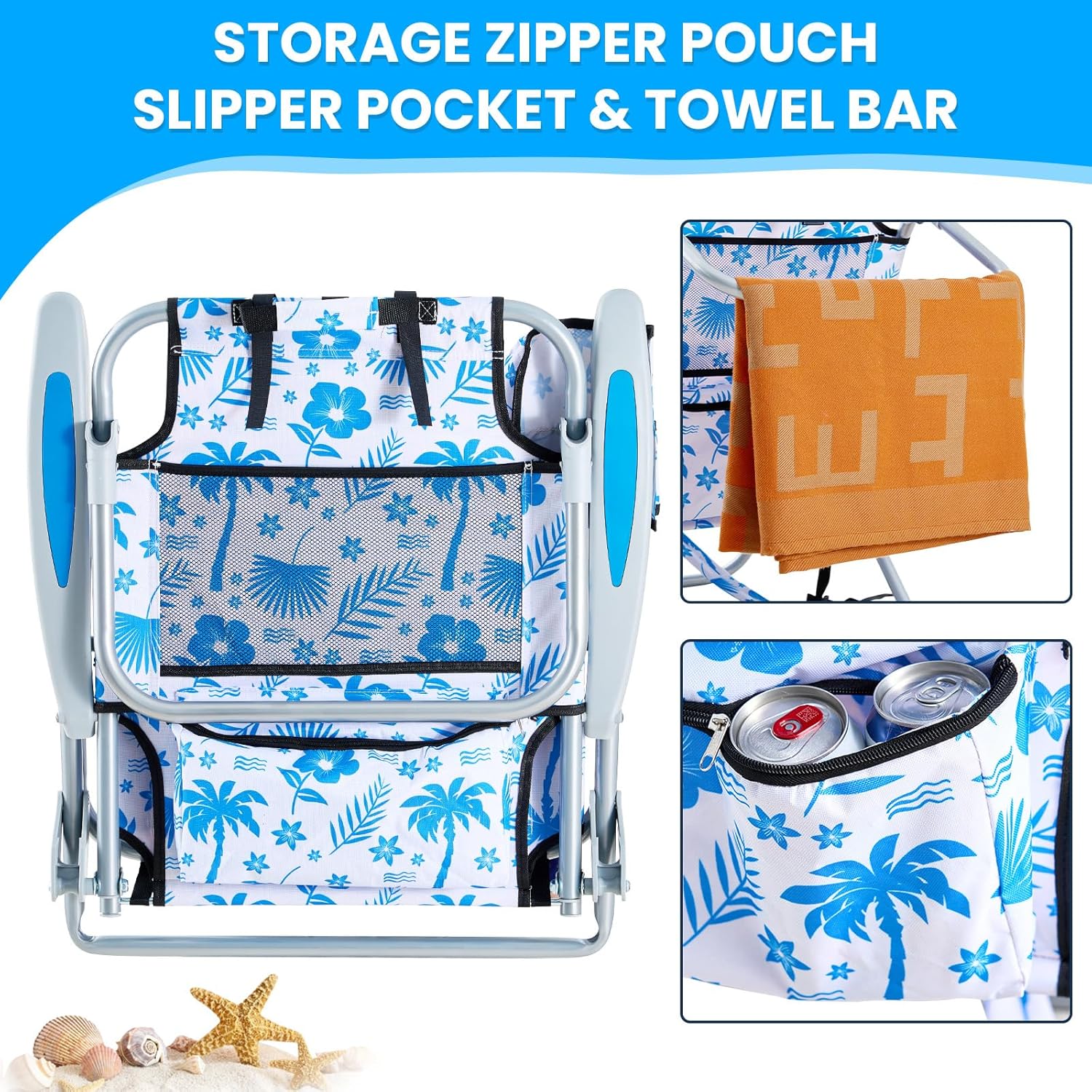 2 Pack Lightweight Portable Camping Beach Chair for Adults, Outdoor Lay Flat Folding Beach Chairs with 5 Positions, Backpack Beach Chair with Towe, Zipper Pouch, Cup Holder, Blue Coconut Tree - Image 5