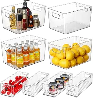 Hudgan 8-Pack Clear Refrigerator Organizers: 4 Large 6Qt & 4 Small 2Qt Stackable Bins for Kitchen Pantry Fridge Bathroom Storage
