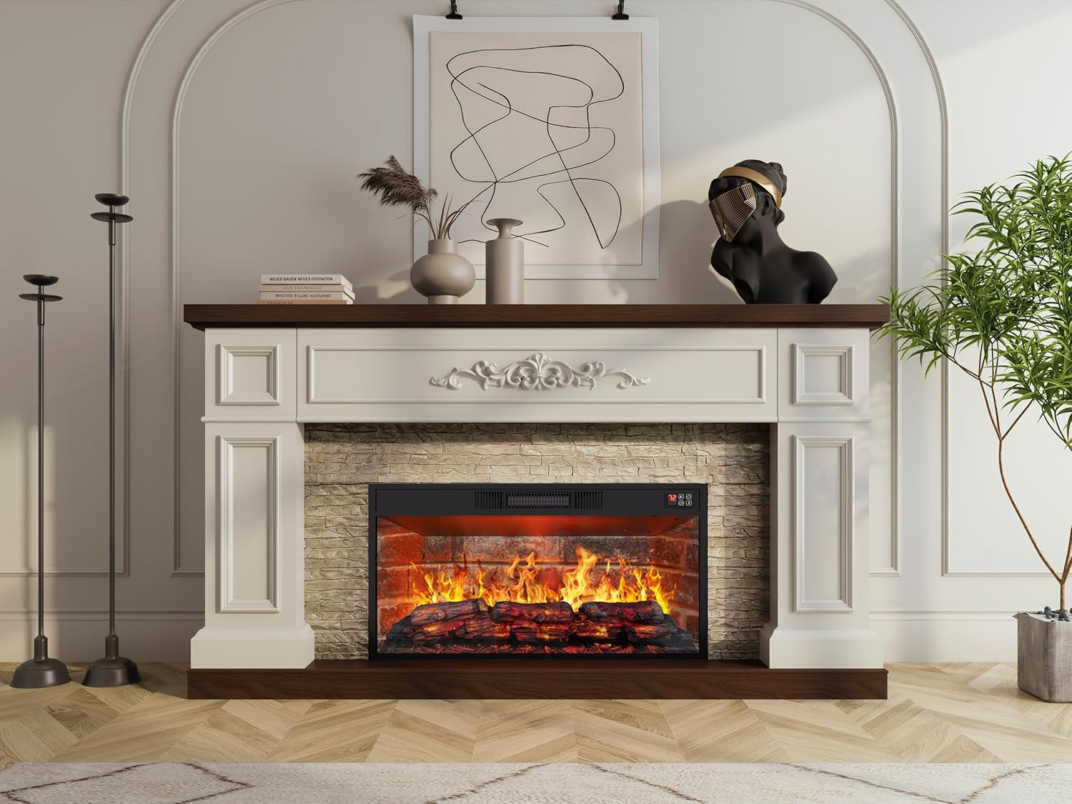 BLANKSPACE 60" Landscape Electric Fireplace with Mantel, Solid Wood Modern Entertainment Center TV Stand, Replaceable 30" Red Brick Fireplace Insert Heater, for Living Room, Bedroom
