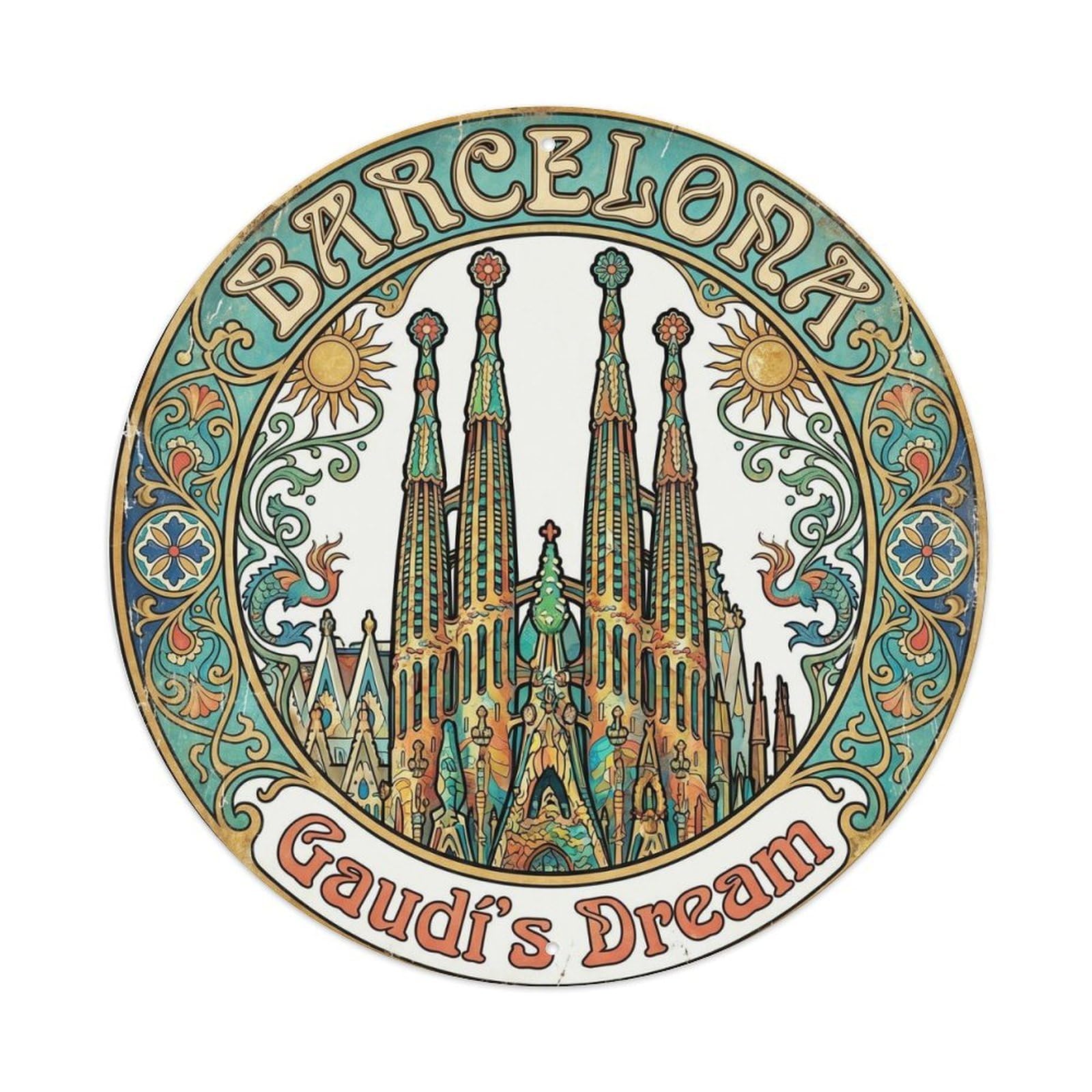 Espana Barcelona City Landmark Historic Tourism Classic Metal Tin Sign Plaque Wall Decor for Cafe, Man Cave, Club Bar, Office, Home Garden Round Metal Poster 8x8Inch
