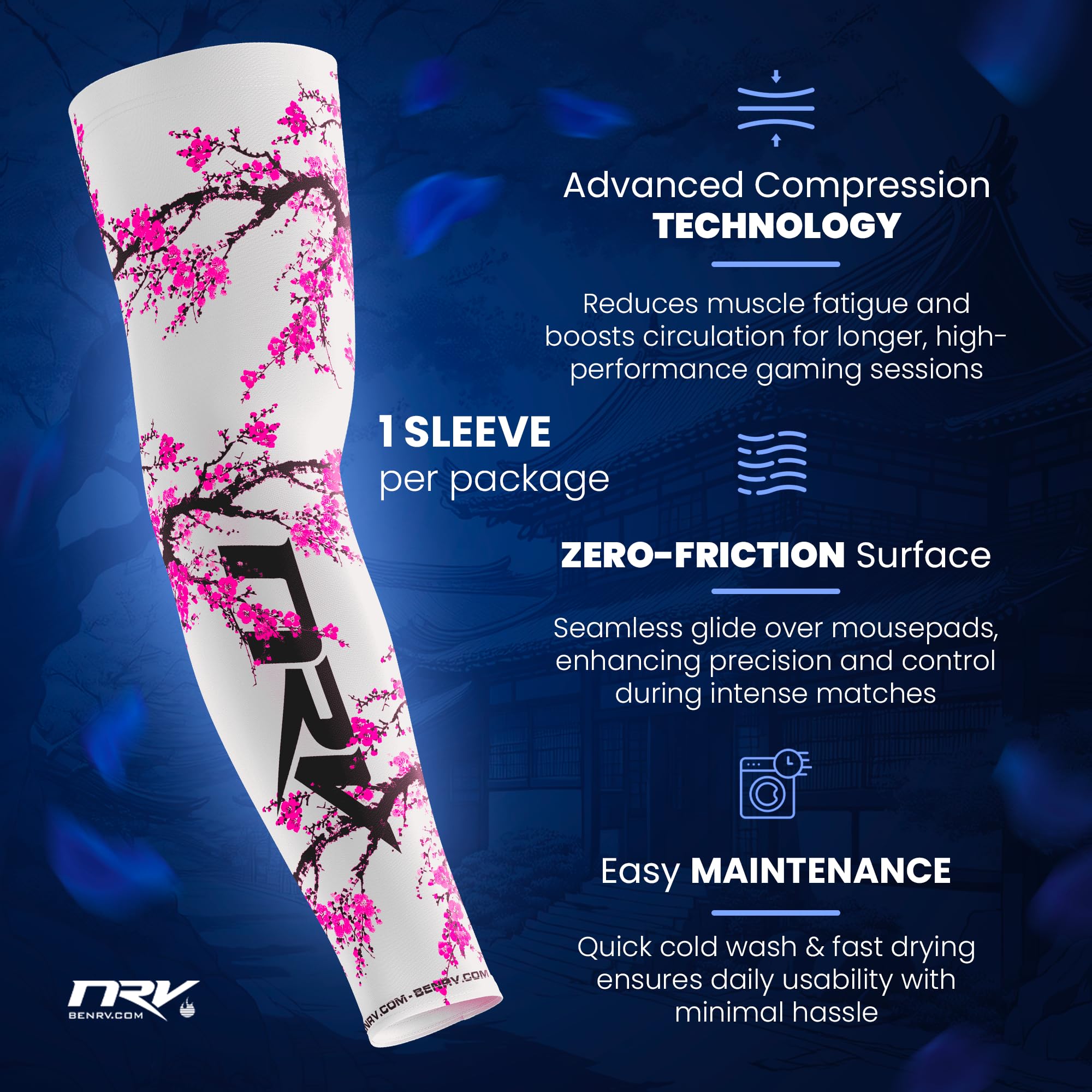 NRV Manchette de Compression Gaming (Edition Sakura) – Performances d'eSport Améliorées avec Style Japonais – Conçu par des Professionnels – Durable, Respirant et Sans Friction