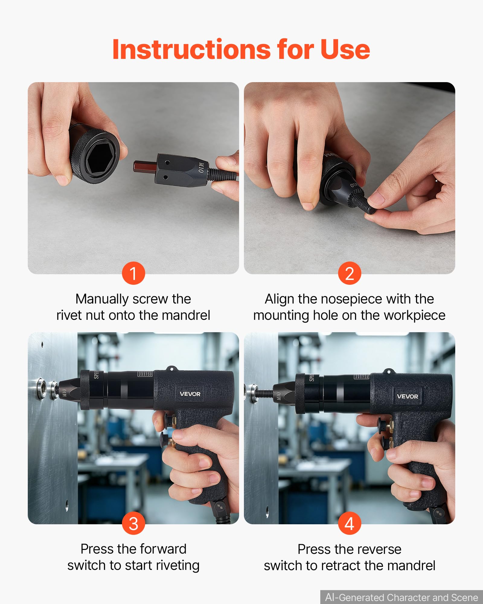 VEVOR Kit Rivettatrice Pneumatica per Inserti Filettati, 20 Pezzi Mandrini | Mandrini M5 M6 M8 M10, Forza di Trazione 1134 kg, Interruttore Avanti/Indietro, per Auto, Edilizia e Produzione Industriale