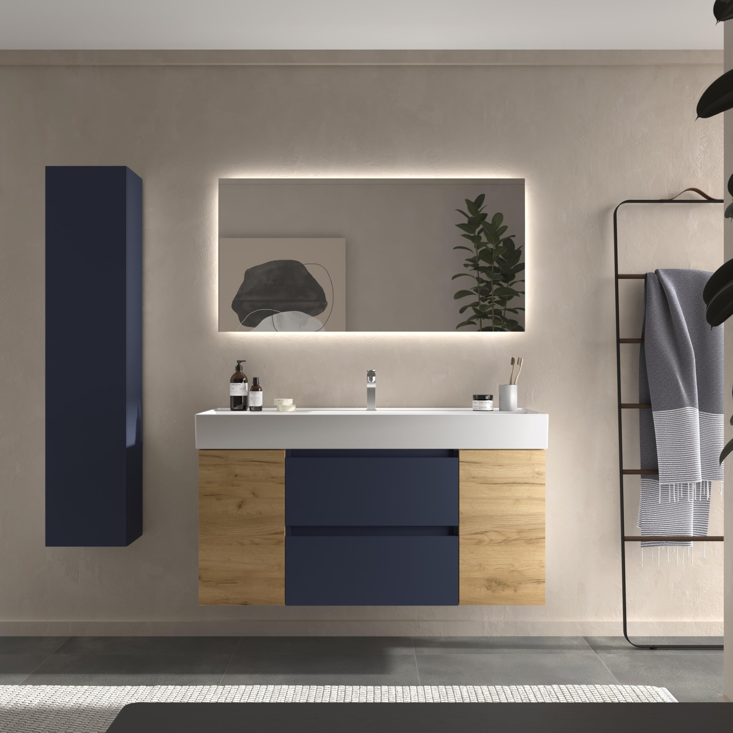 Salgar Mueble de Baño Bequia 120cm + Coqueta 1 Puerta Centrado + Lavabo cerámica | Azul Mate/Roble |120x45x66
