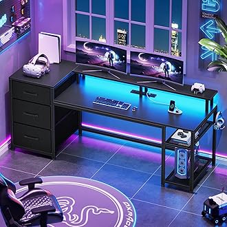 SEDETA 59" Office Desk with Drawers, Reversible Computer Desk with File Drawers & Storage, Gaming Desk with LED Lights & Power Outlet, Home Office Desks for Printer, Black