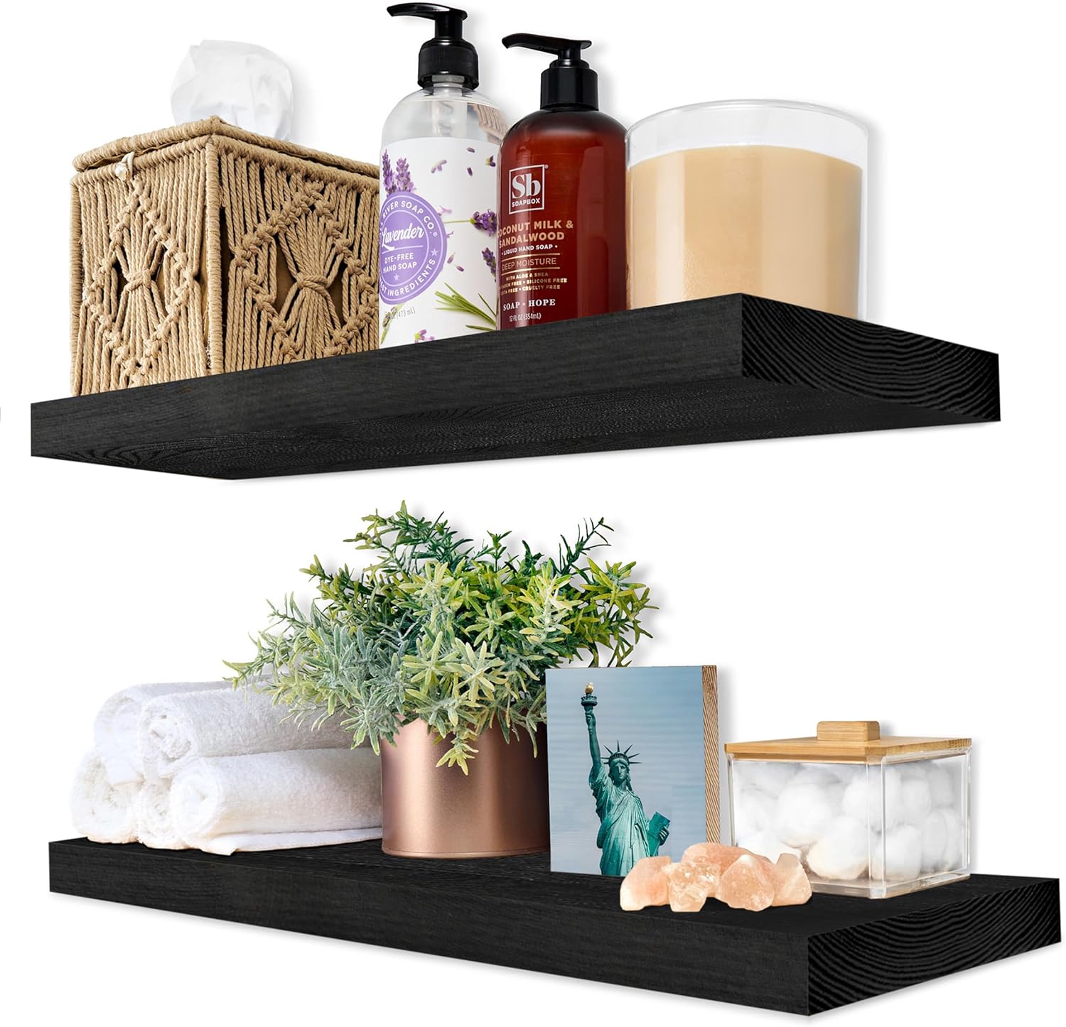 Sorbus Wood Floating Shelves for Wall - 16” Solid Wood Wall Shelves for Bathroom Decor, Books, Bedroom & Living Room - Set of 2 Black Wall Mounted Kitchen Shelves - Durable Solid Pine Black 16"