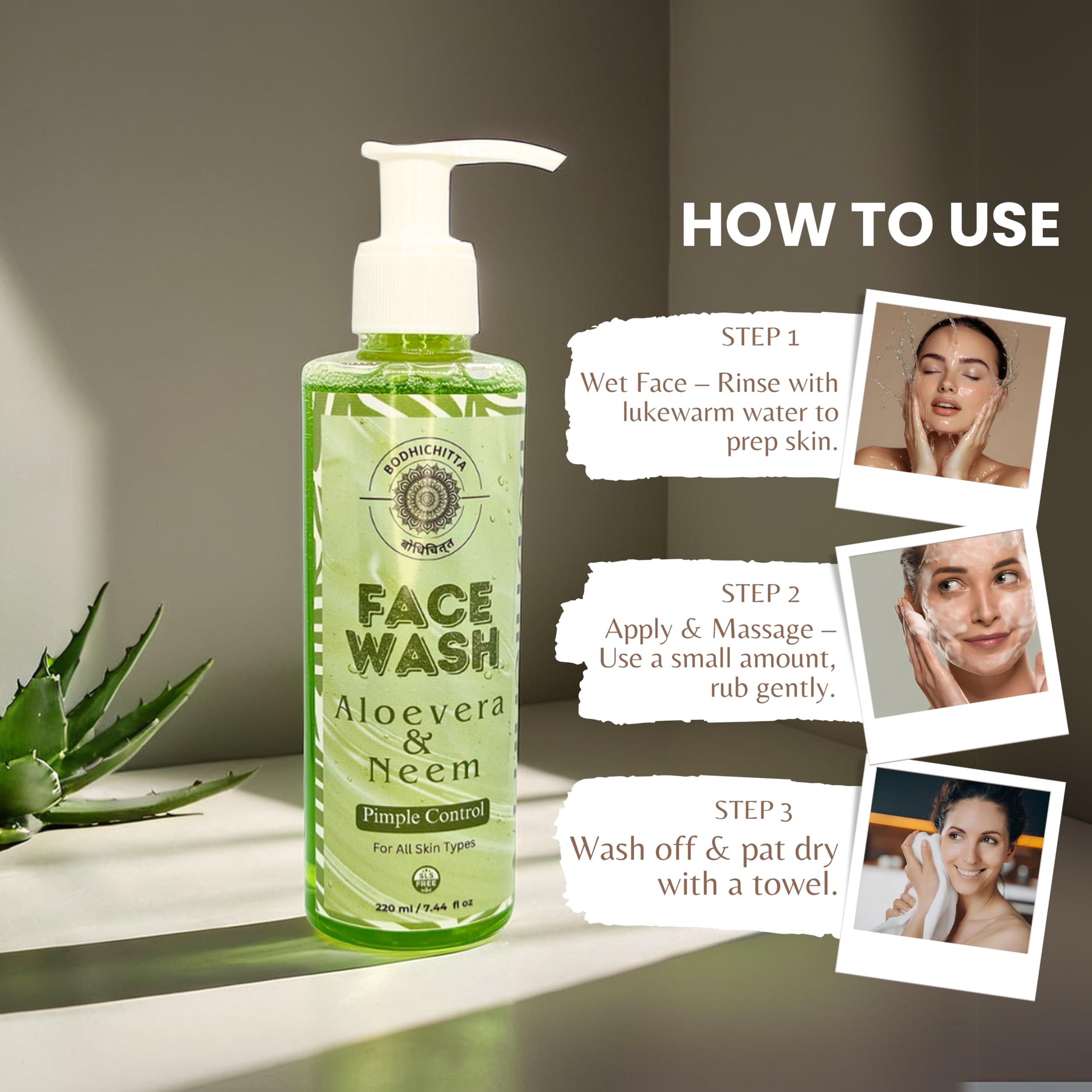 Bodhichitta Aloe Vera & Neem Face Wash β Gently Cleanses, Controls Pimples & Enhances Natural Glow for Healthy Looking Skin (220ml) 2