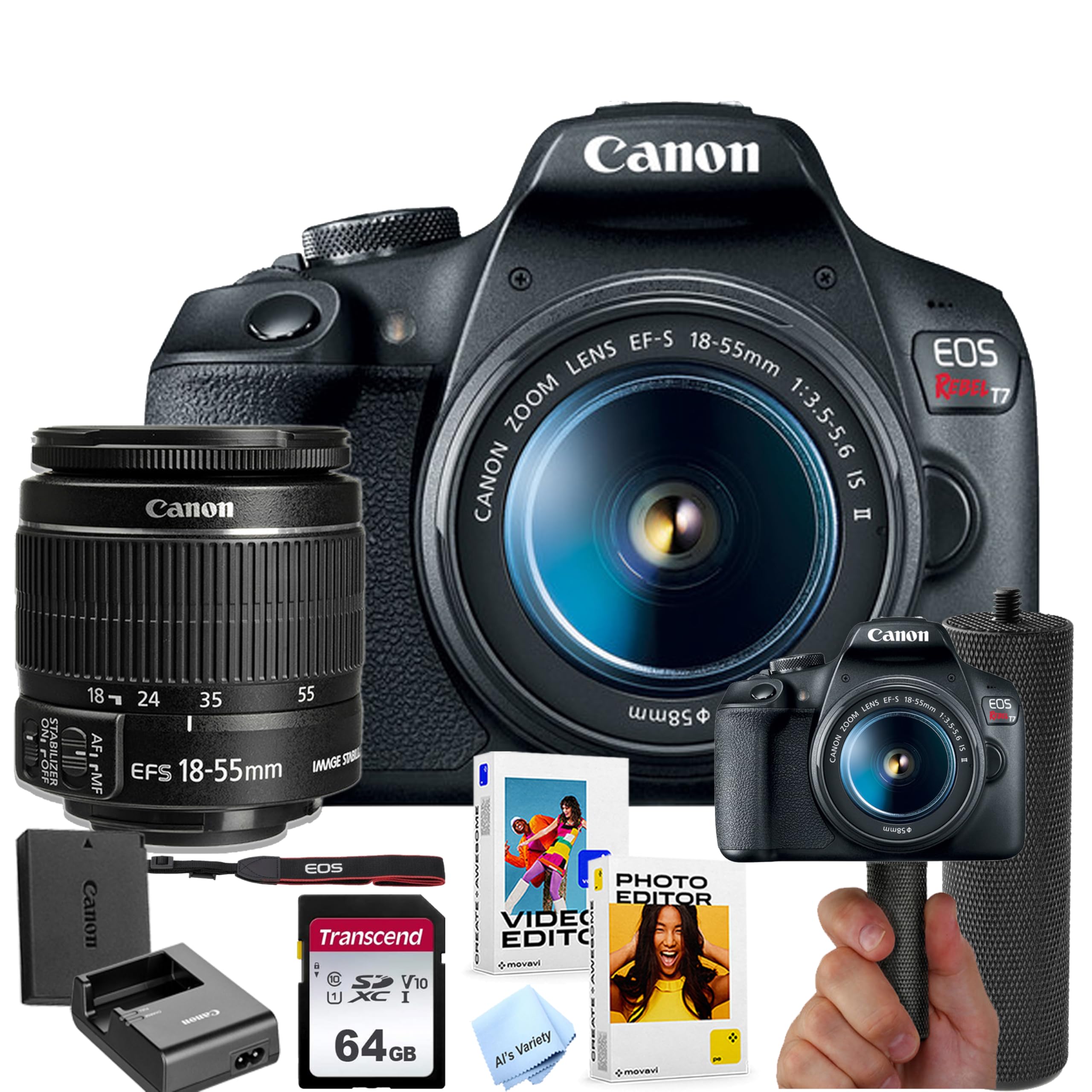 Canon EOS Rebel T7 DSLR Camera Bundle w/Canon EF-S 18-55mm f/3.5-5.6 is II Lens + 64GB Memory + Stabilizing Grip + Software Pack +More (Value Bundle)
