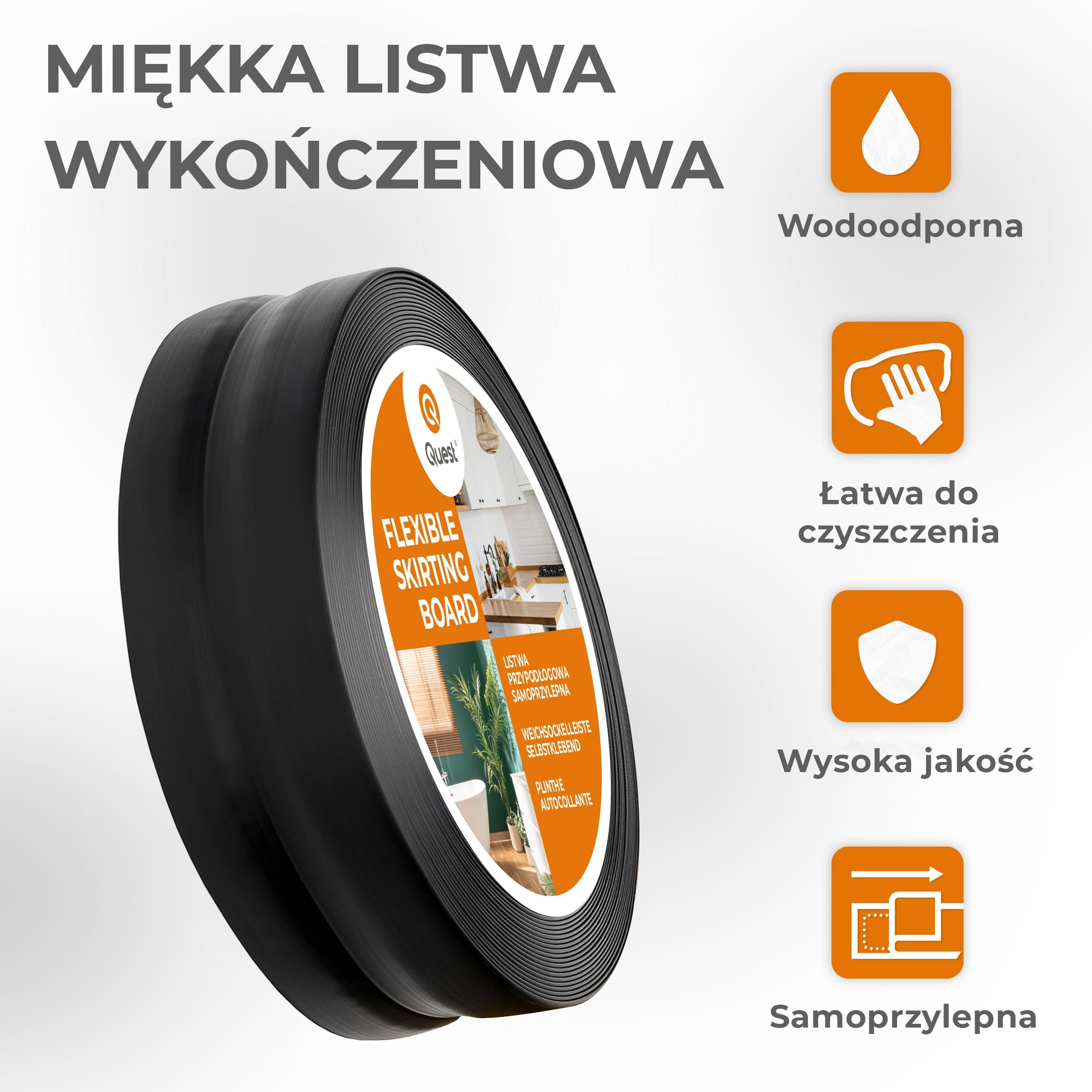 Quest listwa wykończeniowa PVC 40x40 mm samoprzylepna – czarna, 25 m | Miękka taśma dekoracyjna i cokół, maskuje styk ściany z podłogą, ochronna, do salonu, kuchni, łazienki oraz biura