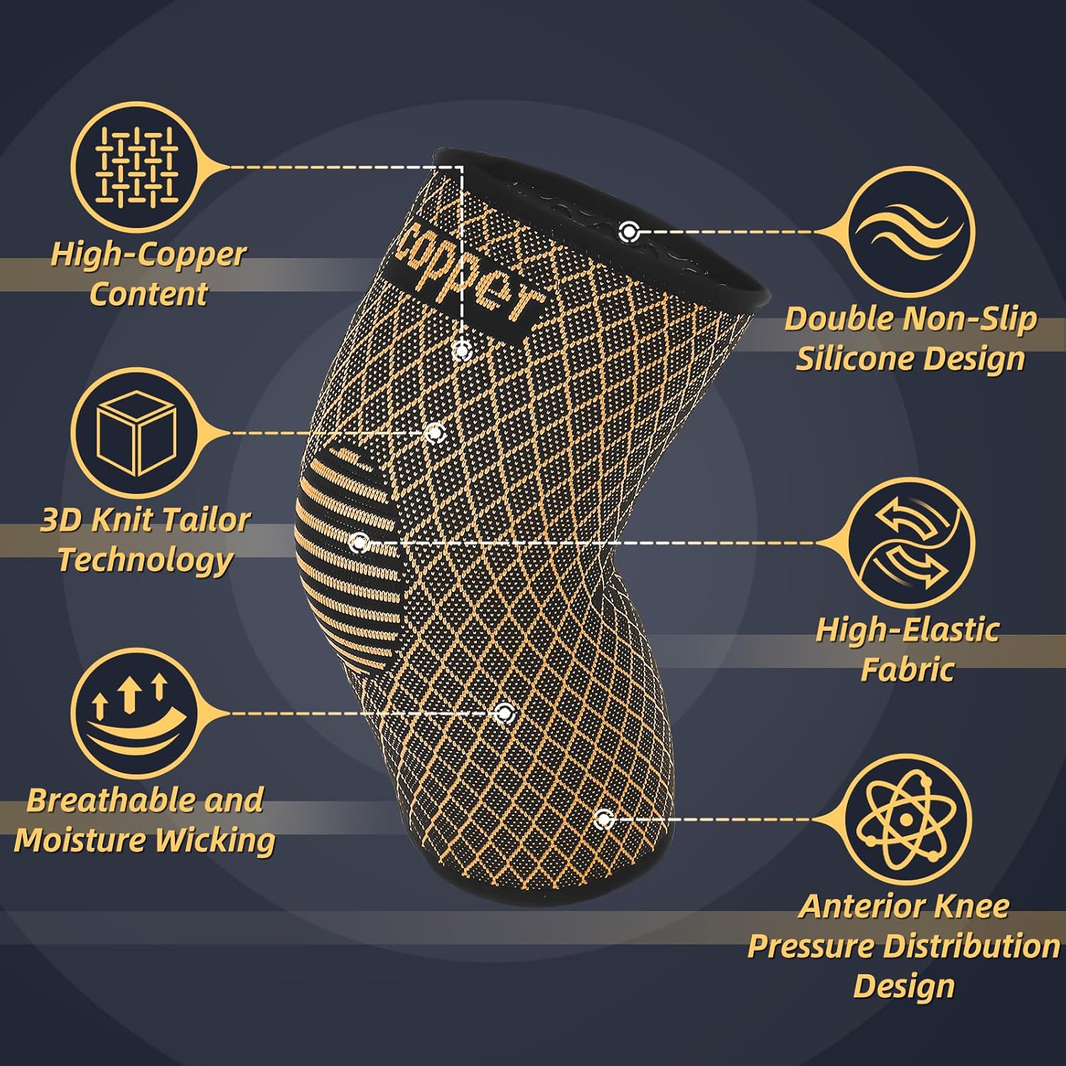 Copper Knee Braces for Women and Men, Compression Knee Sleeve for Knee Pain,Arthritis, Meniscus Tear,ACL, Joint Pain Relief, Knee Support Pads for Running, Workout Sports(Yellow, Large) - Image 2