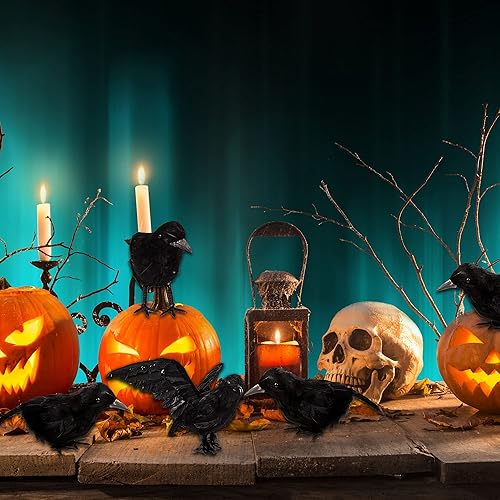 Miniatura 3 de Rcanedny Paquete de 16 cuervos negros de Halloween realistas cuervos emplumados hechos a mano para Halloween, fiesta al aire libre, suministros de