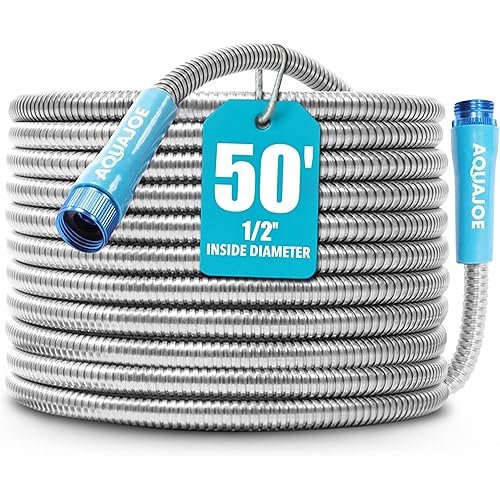 Aqua Joe AJSGH50 Stainless-Steel Garden Hose, Kink-Free Hose, 300 PSI Max, 50 Feet Long