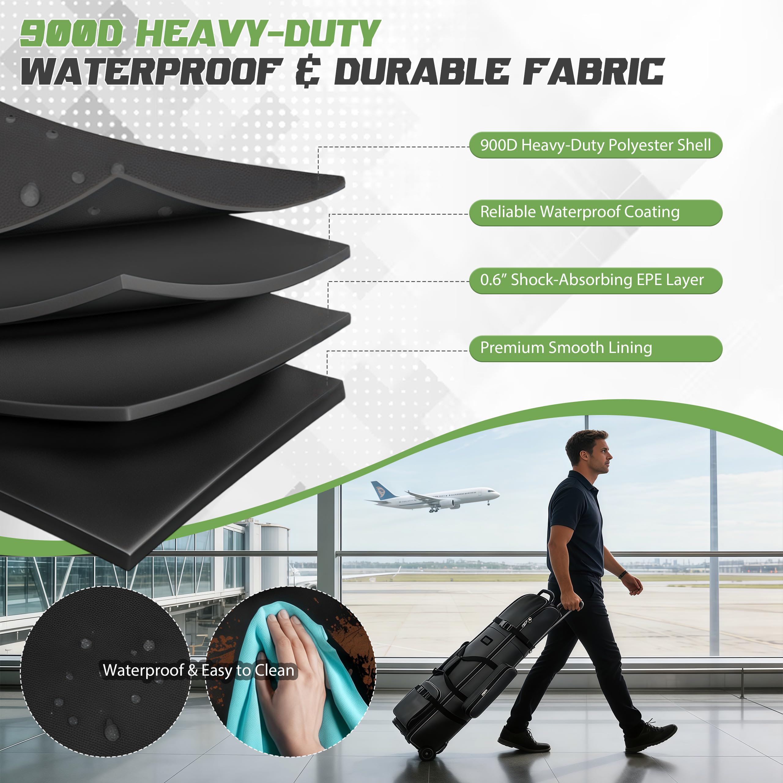 Golf-Reisetasche mit Rollen, Verdicktes Wasserdichtes 900D Heavy Duty Oxford-Gewebe Golf-Flightcase mit Golfball-Reinigungstasche, Golfschlägertasche, Reisetasche für Flug und Fluglinie, Schwarz