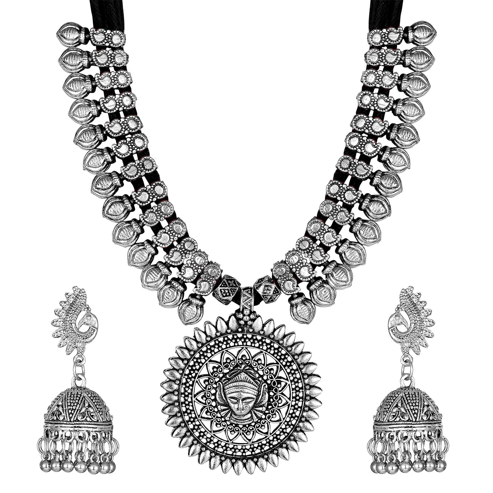 Latest Oxidised Silver Tribal Cotton Thread Antique Necklace Jewellery Set for Women-image-37