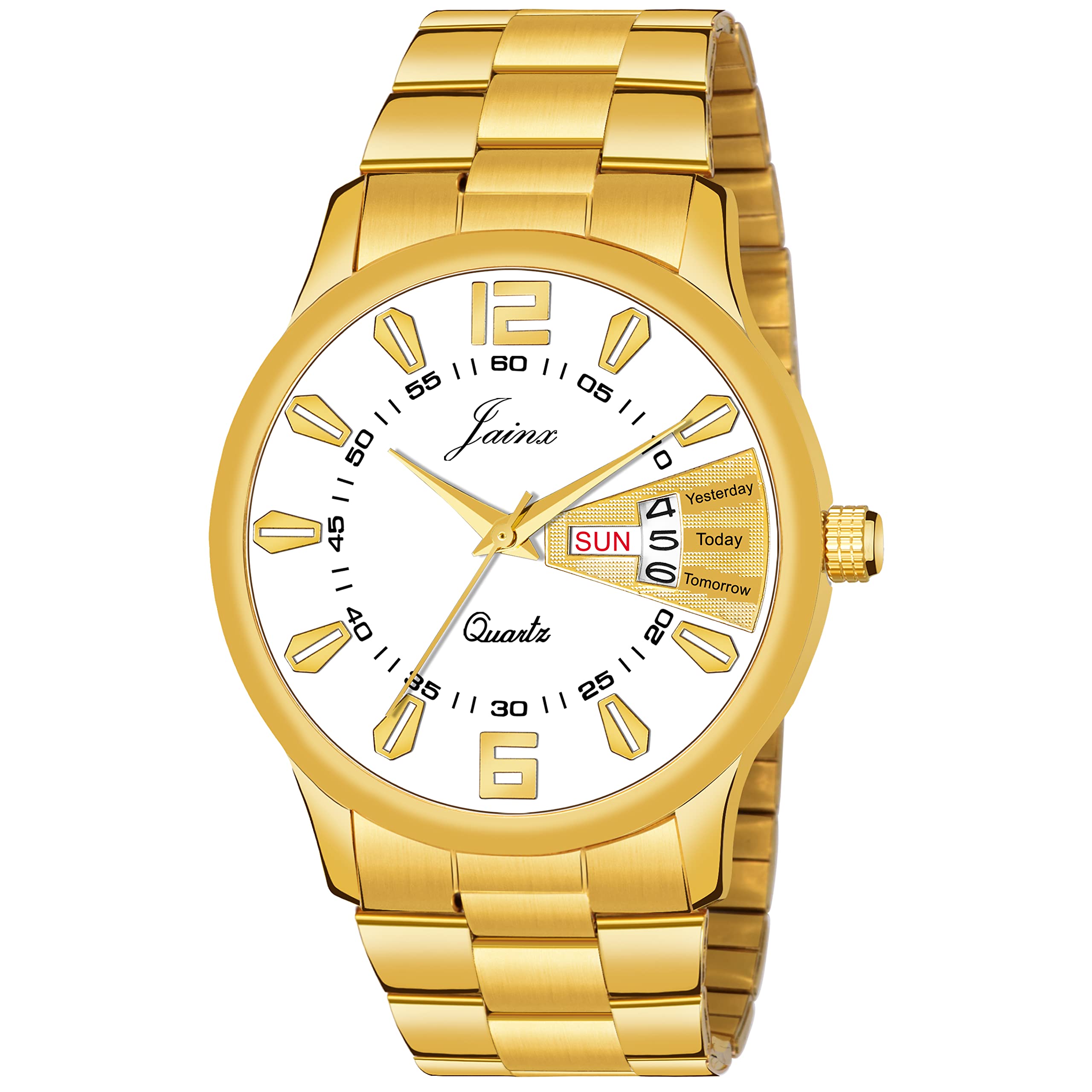 jainx White Dial Day and Date Golden Chain Analog Wrist Watch for Men - JM1163 (B09M9Q6KMP) Amazon Price History, Amazon Price Tracker