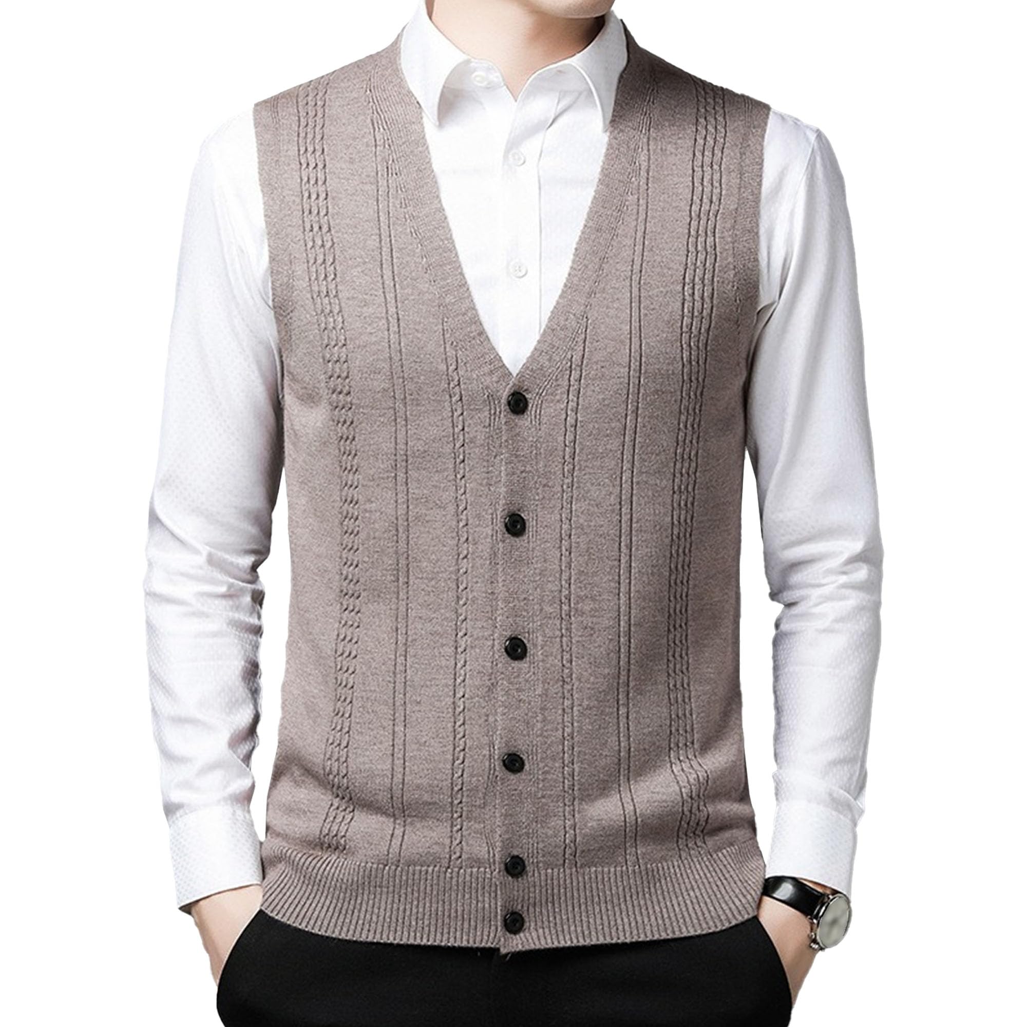 Cardigan lavorato a maglia senza maniche da uomo con bottoni frontali