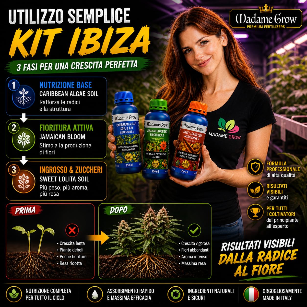 PACK IBIZA - Nawozy do uprawy roślin 420 - Algi, energia i PK Kwitnienia - Maksymalna wydajność - Większe plony - Duże kłosy (3 x 500 ml)