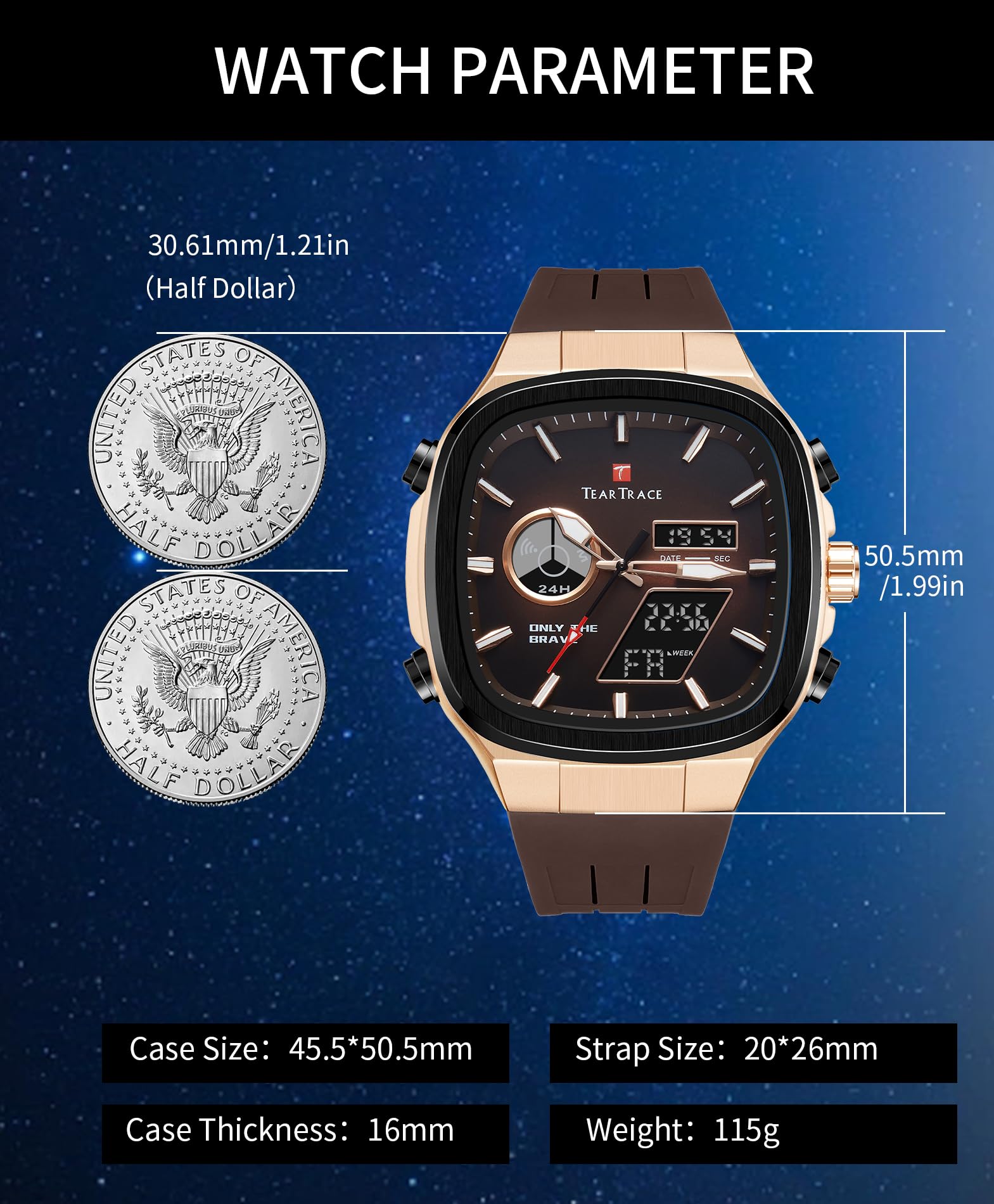 TEARTRACE Reloj analógico digital para hombre, luminoso, impermeable, deportivo, moderno, casual, trabajo, ideal para deporte y uso diario, Marrón, deporte, trabajo, casual