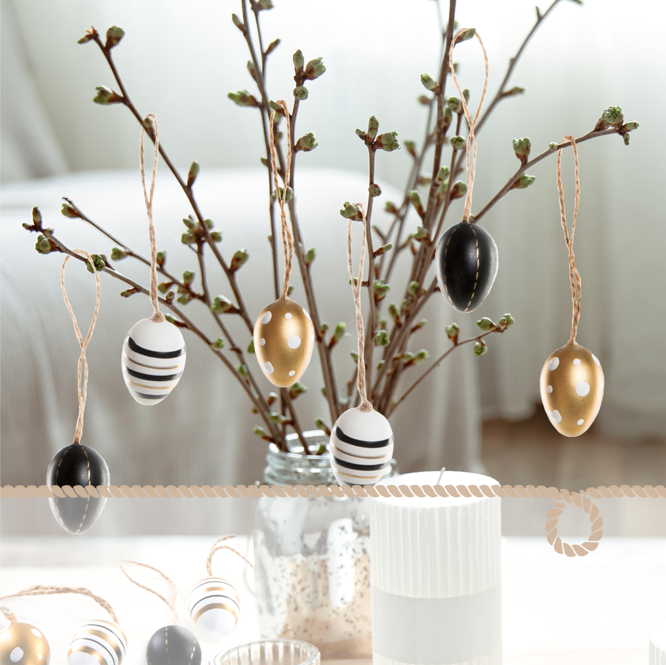 Set di 6 uova pasquali decorative con cordino, 6 cm: decorazioni di Pasqua in juta per albero di Pasqua e decorazioni primaverili, uova di Pasqua con toni naturali, ornamenti moderne per interni