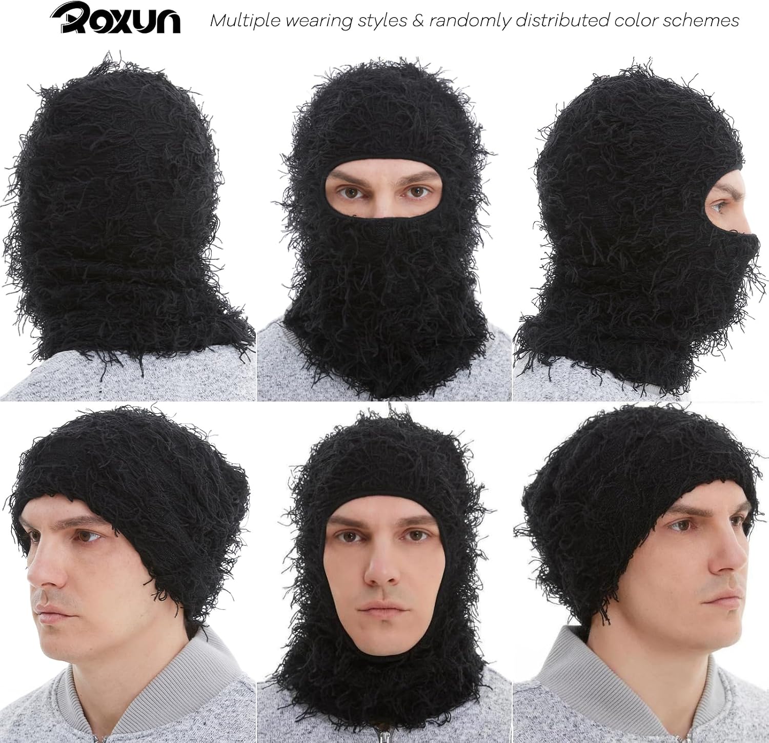 ROXUN Distressed Ski Mask Balaclava, Yeat Shiesty Fluffy Knitted Full Face | Highly stretchy construction
