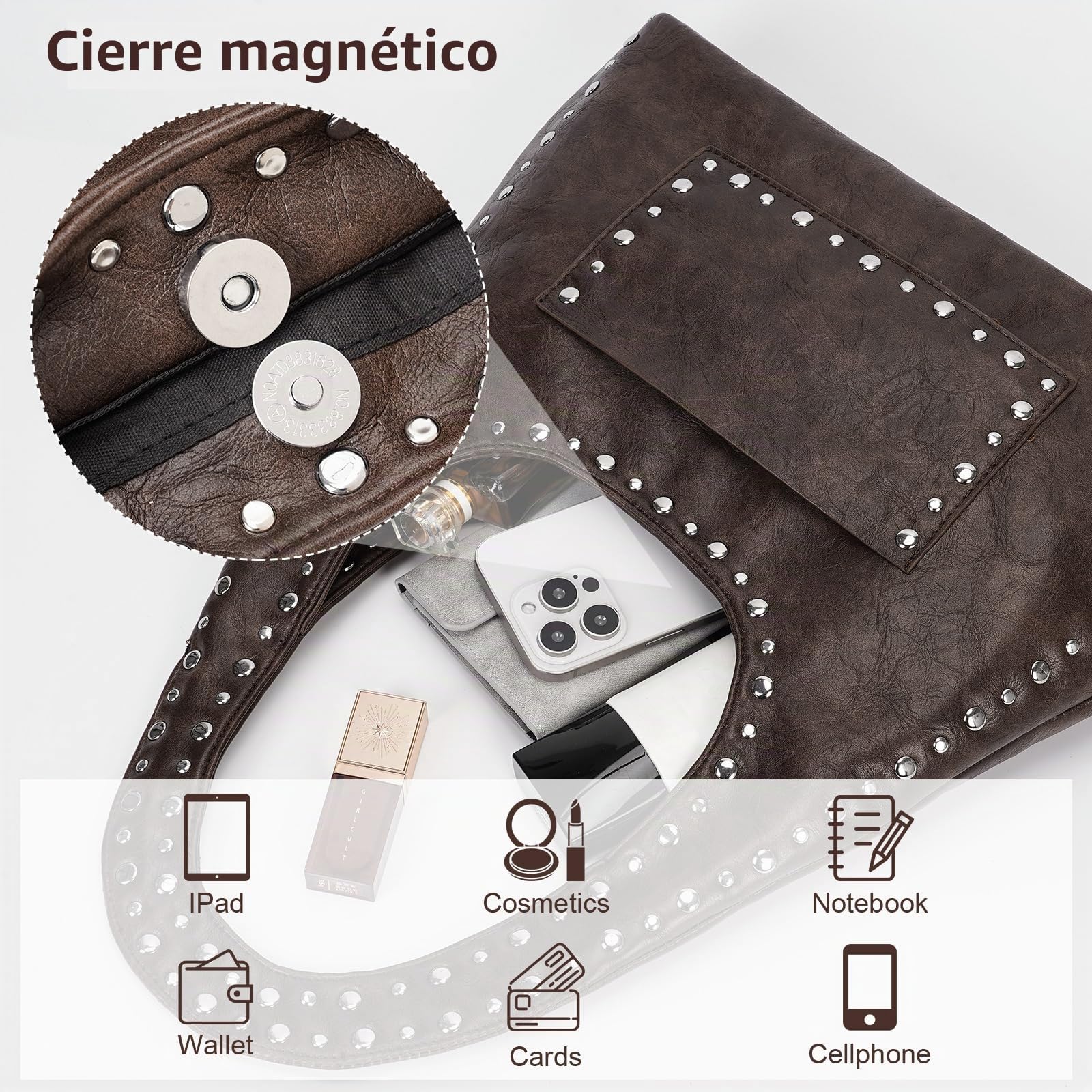 HiTotes Bolso hobo de cuero con tachuelas para mujer, bolso de mano de cuero vegano, bolso de hombro Y2K, bolso hobo de otoño, bolso de hombro creciente con tachuelas