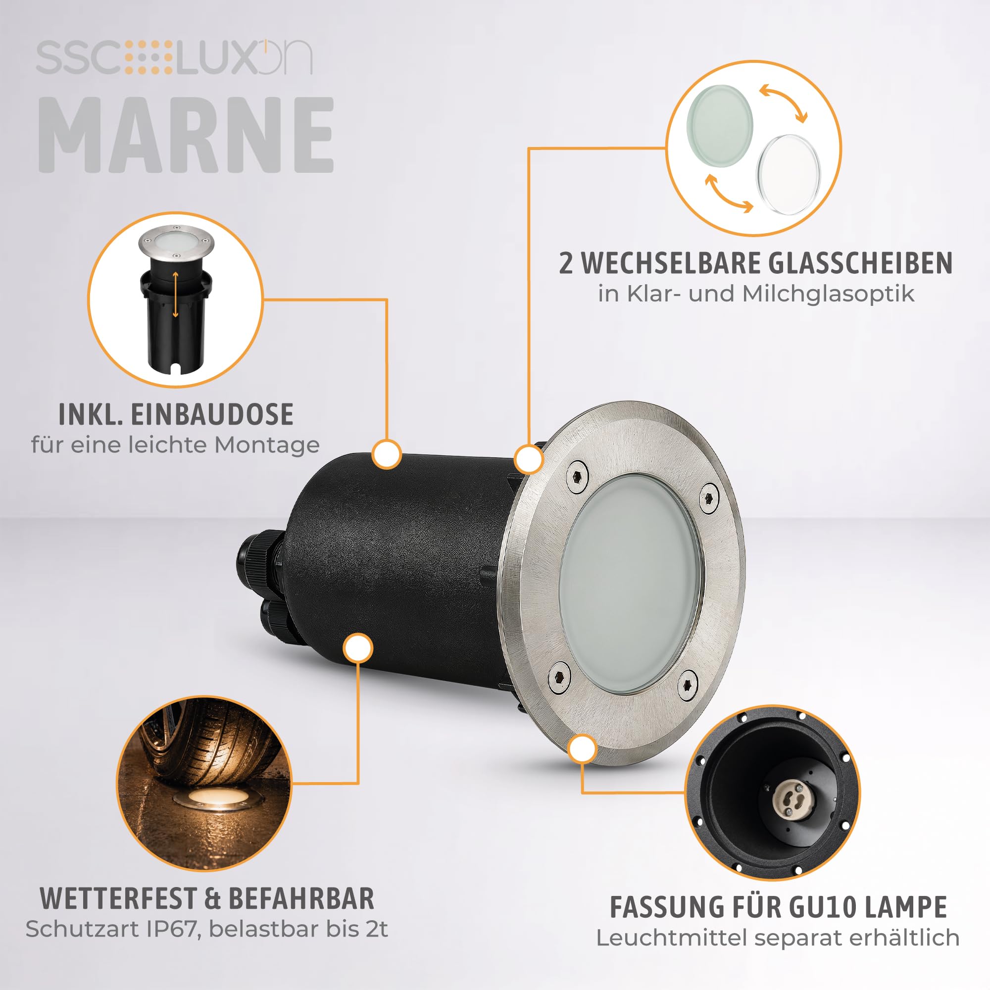 SSC-LUXon 4x MARNE Bodenstrahler Außenleuchte rund IP67 - für 1x GU10 Glühbirne - Bodenspot mit Ersatzglas befahrbar durchschleifbar (ohne Leuchtmittel)