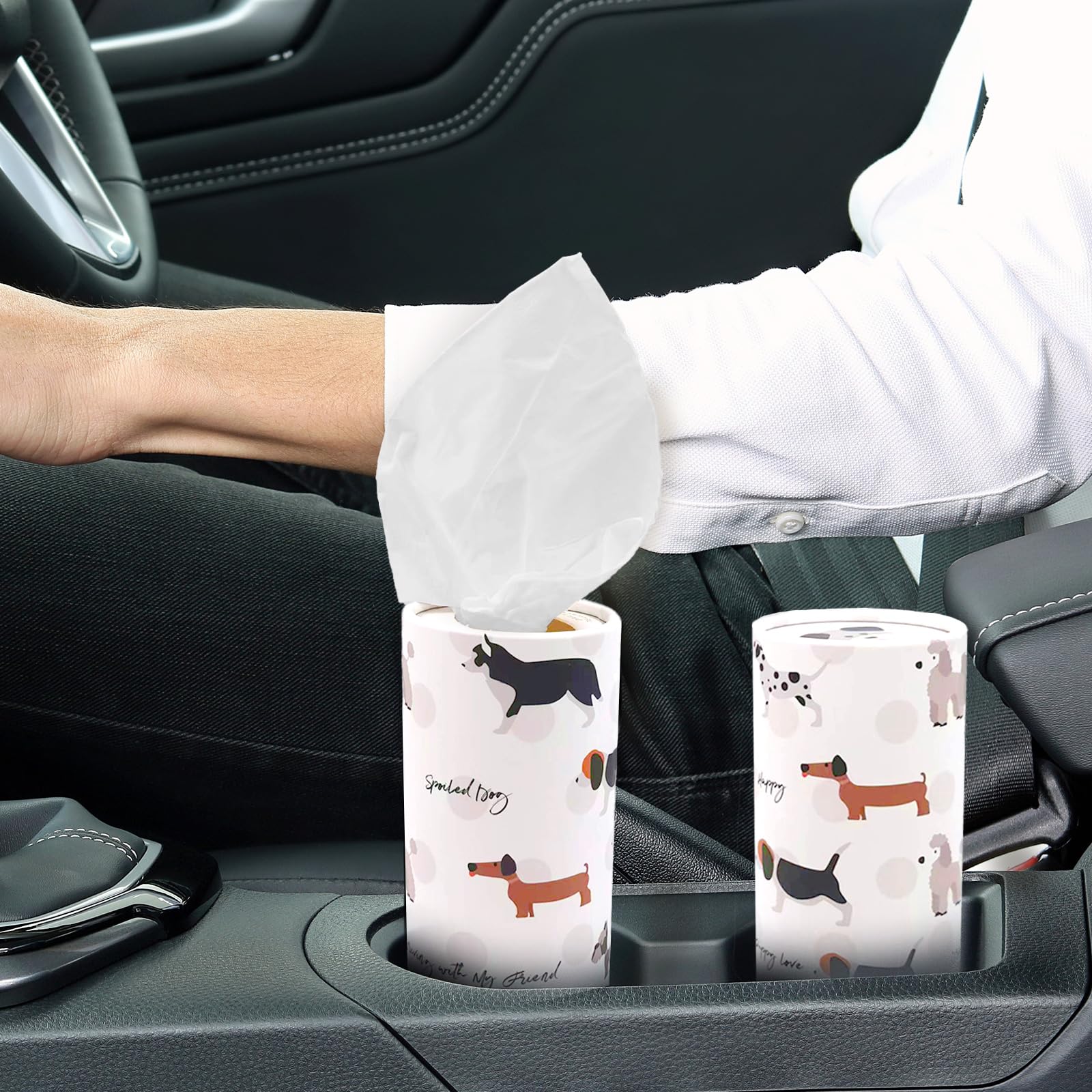 Daily Treasures Confezione da 4 porta fazzoletti per auto con fazzoletti per il viso, graziose scatole rotonde per fazzoletti a forma di cucciolo, per portabicchieri auto, fazzoletti cilindrici di