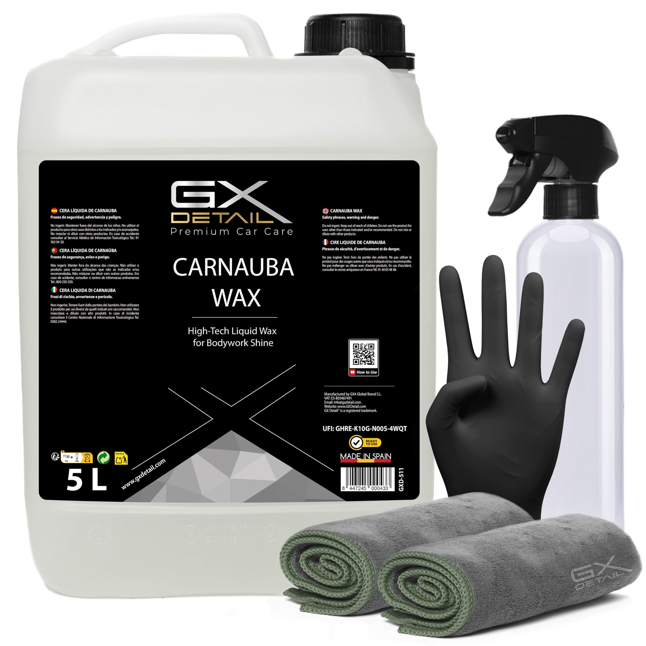 GxDetail Cera Líquida de Carnauba para Coche 5 Litros – Limpieza en Seco - Brillo Profundo y Protección Duradera – Acabado Hidrofóbico y Resistencia UV – Fácil Aplicación y Secado Rápido.
