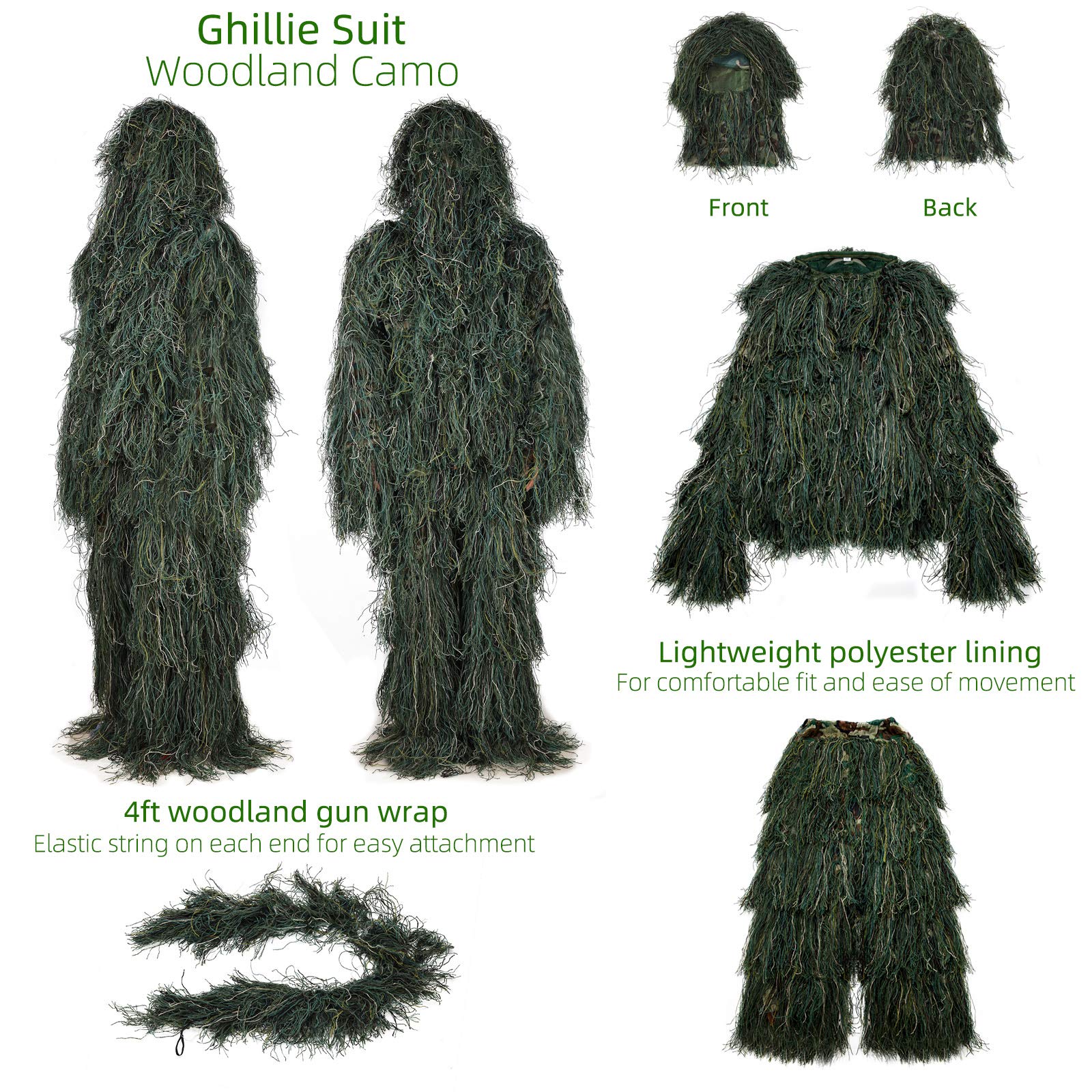 PELLOR Tuta Mimetica 3D Ghillie, 6 Pezzi Tactics,Abbigliamento da Caccia,Cecchino,Nastro Mimetico,Autoadesivo,Riutilizzabile,Mimetico,Cappello per Caccia,Campeggio