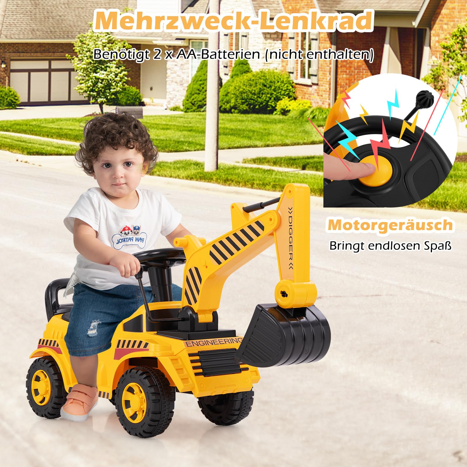 COSTWAY Sitzbagger, Kinderbagger mit Verstellbarer Schaufel & Stauraum unter Sitz, Aufsitzbagger mit Motorsound & Kippschutz, Bagger zum Aufsitzen für Kinder ab 1 Jahr