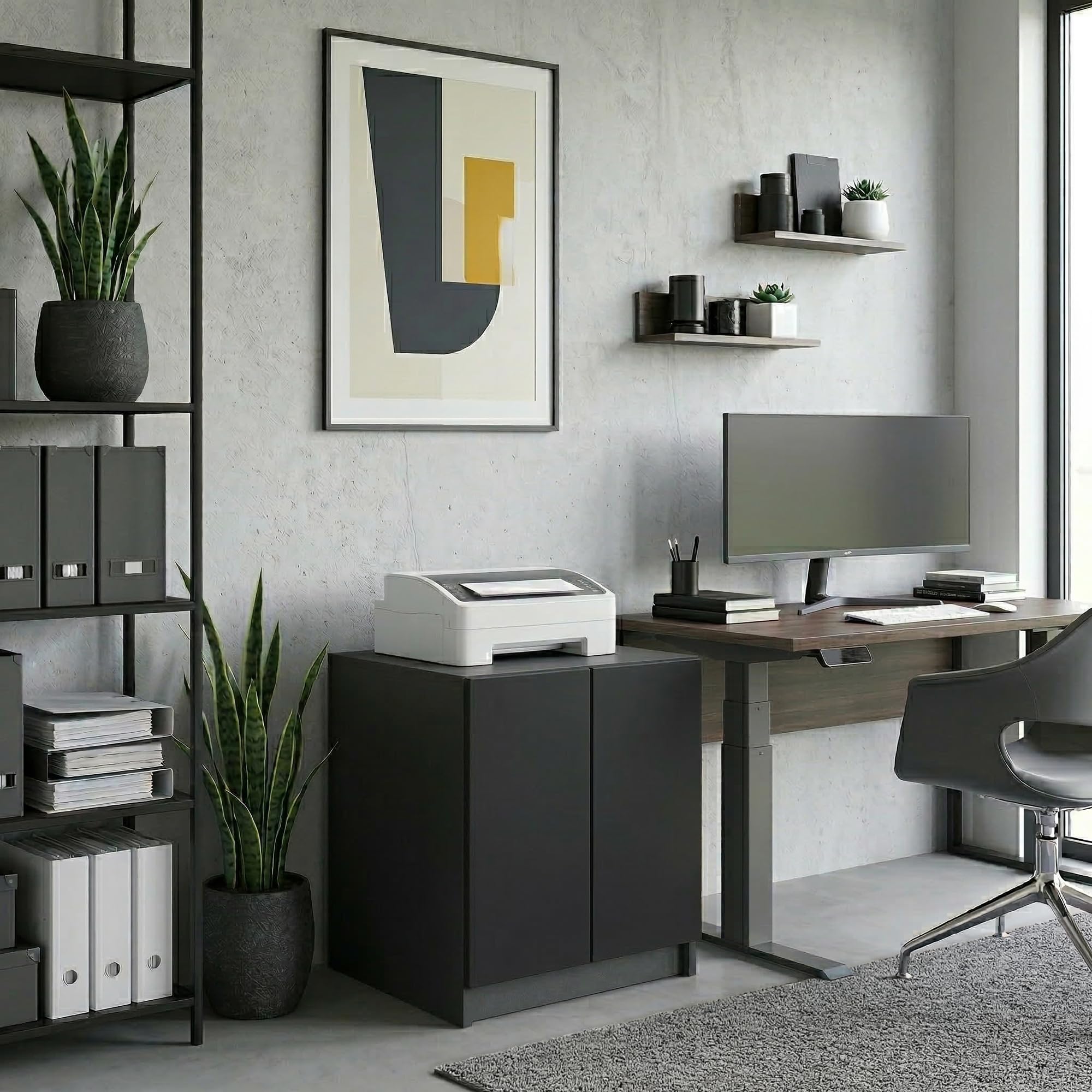 Druckerschrank Elona, Druckerkommode mit Soft-Close & Push-to-Open, Druckertisch, Büromöbel, Home Office & Büro, Schwarz matt (51 x 60,5 x 54 cm)