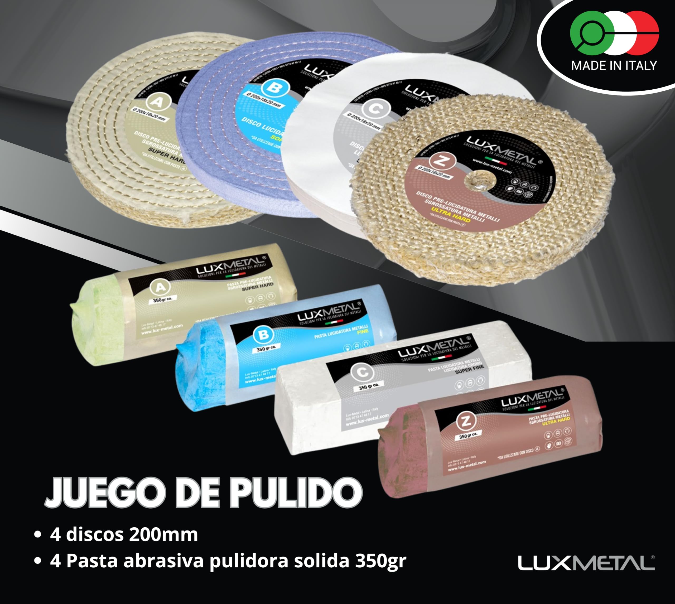 Lux Metal - Kit de pulido 03 con 4 discos de pulido de 200 mm y 4 pastas de pulido sólidas de 350 g - Ideal para pulir Aluminio, Hierro, Acero inoxidable, Latón, Bronce, Cromo, Cobre, Plata, Oro