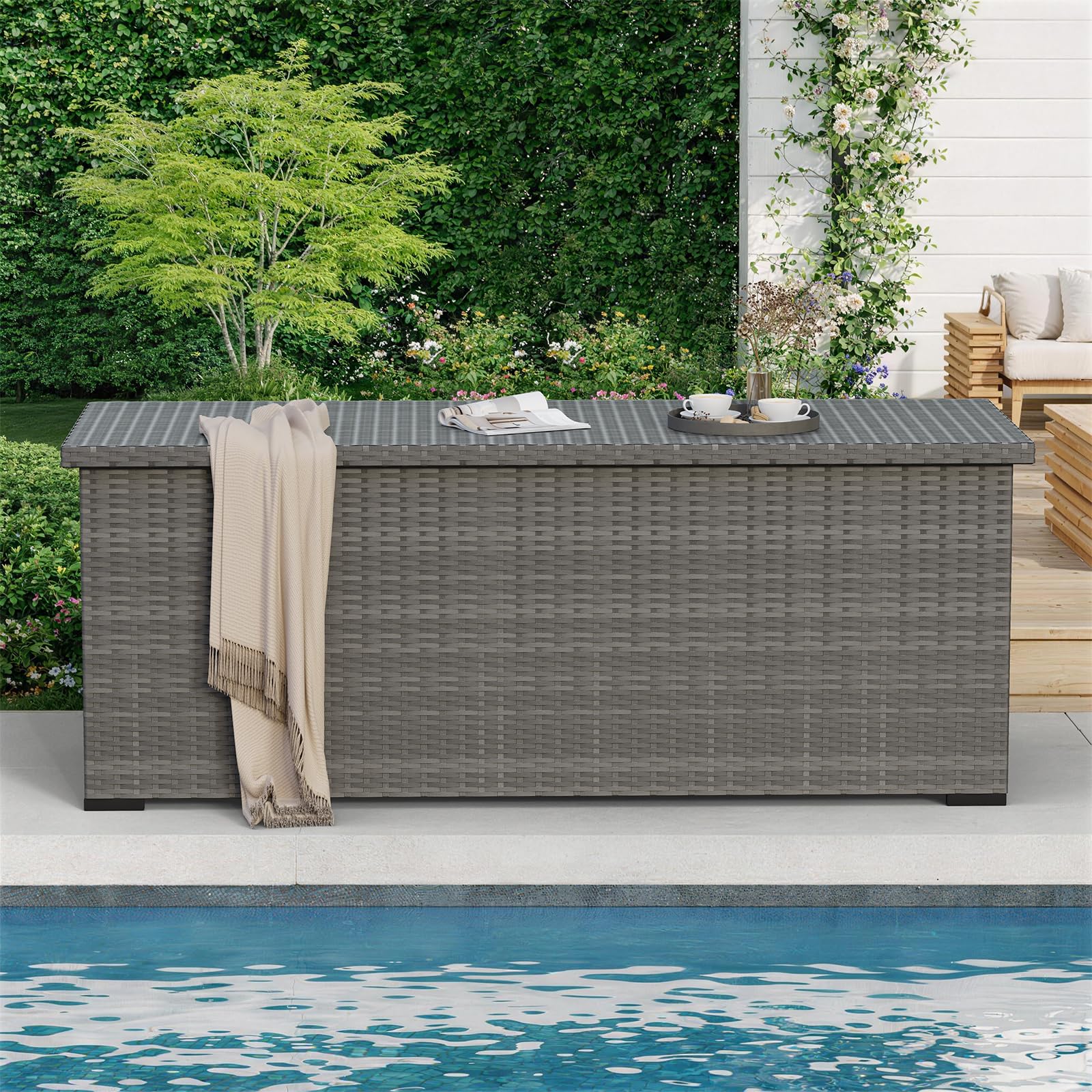 Amopatio 870L Gartenbox Auflagenbox wasserdicht, Kissenbox outdoor aus Polyrattan, Aufbewahrungsbox Metall mit Gasdruckfedern, Gartenkiste wetterfest für Garten, Balkon, Grau