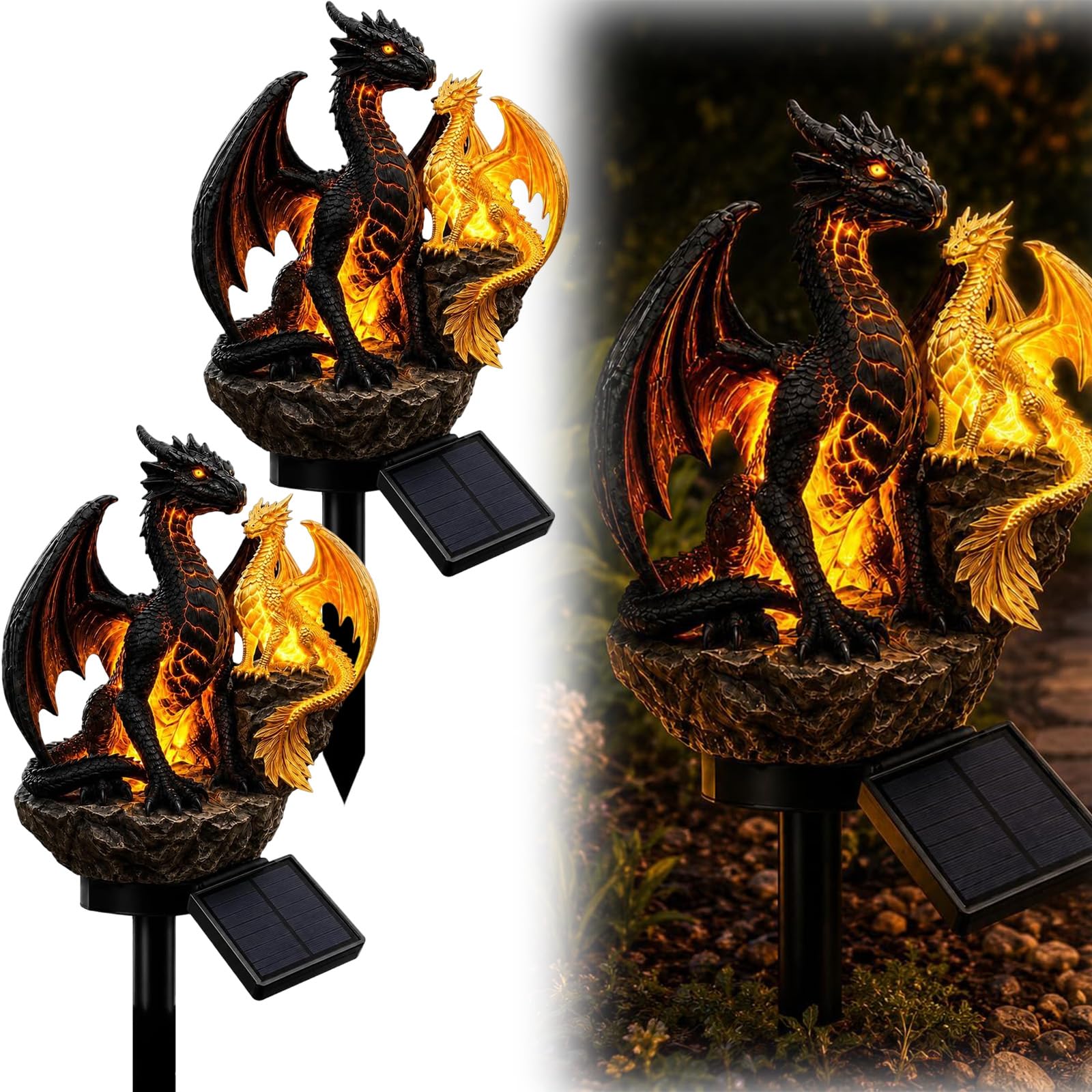 Pealeaf Solar Dragon Garden Statue with LED Lights, Outdoor Garden Ornament Solar Powered Dragon Figurine for Lawn Patio Pathway Yard Decor, Fantasy Dragon Gift for Garden Lovers (B2)