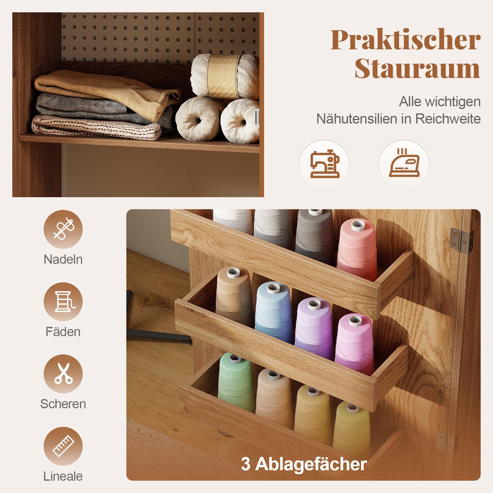 COSTWAY 2 in 1 Nähtisch klappbar mit Ladestation, Nähmaschinenschrank aus Holz mit Regalen, Nähschrank mit abschließbaren Rädern, Nähmaschinentisch Basteltisch für Wohnzimmer, Schlafzimmer (Natur)