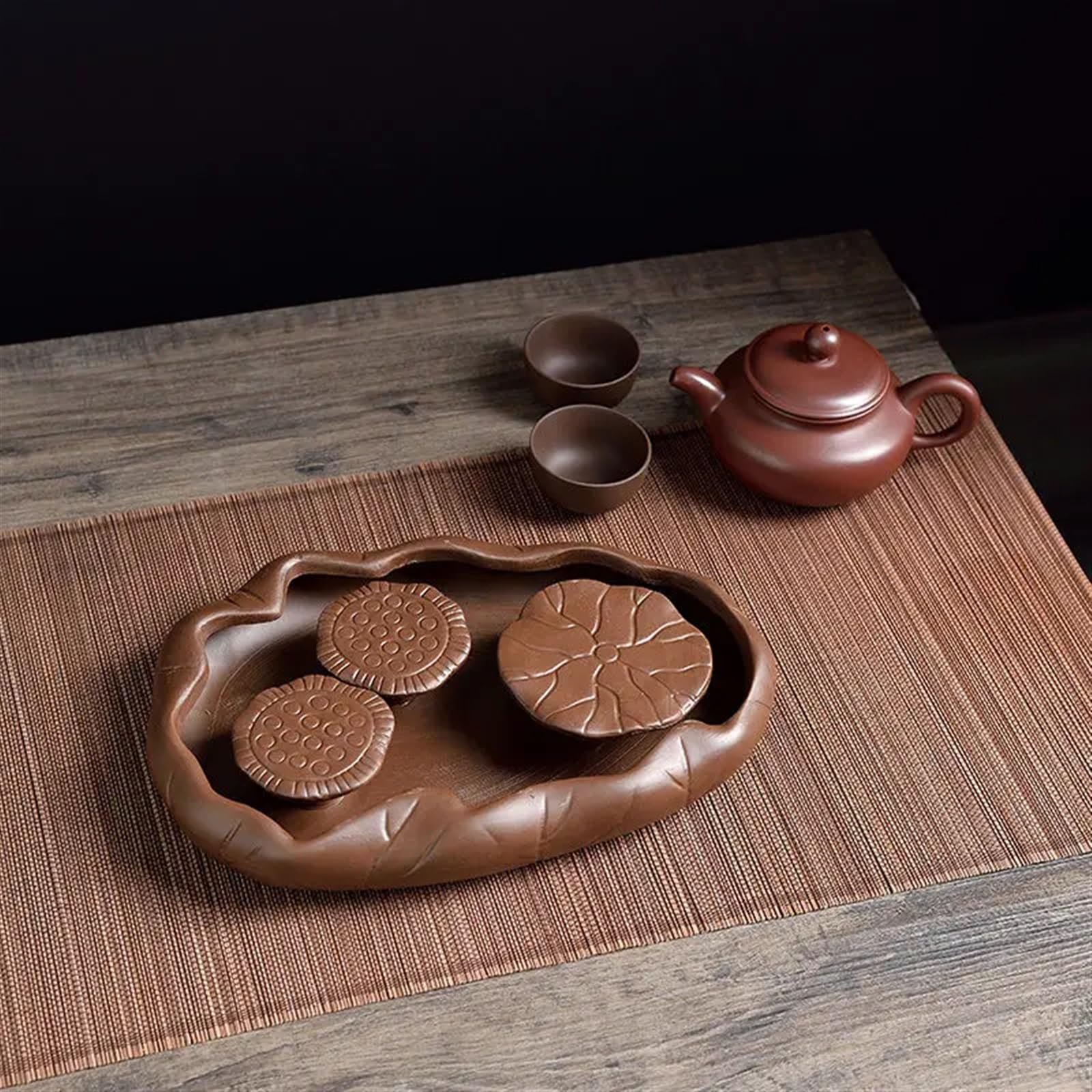Bandeja Bandeja de té Rectangular, Bandeja de té Negro de Loto con Drenaje, Bandeja de Madera Multifuncional for Servir té(Brown)