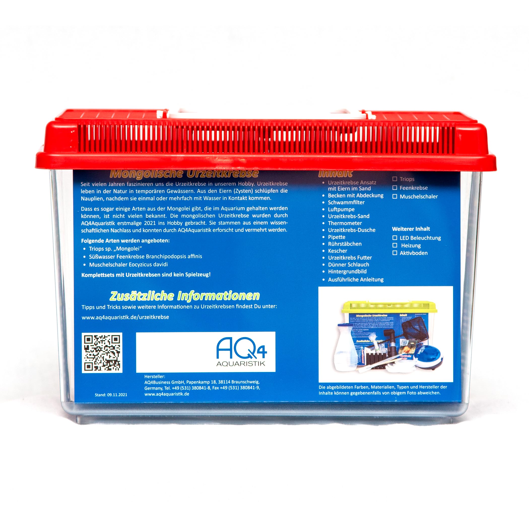 Triops sp. Mongolei Premium Komplett-Set mit Urzeitkrebs Eiern, 6 l Becken, LED-Beleuchtung, Zuchtansatz, Heizung, Filter, Luftpumpe, Kescher, Futter, Zubehör, Anleitung