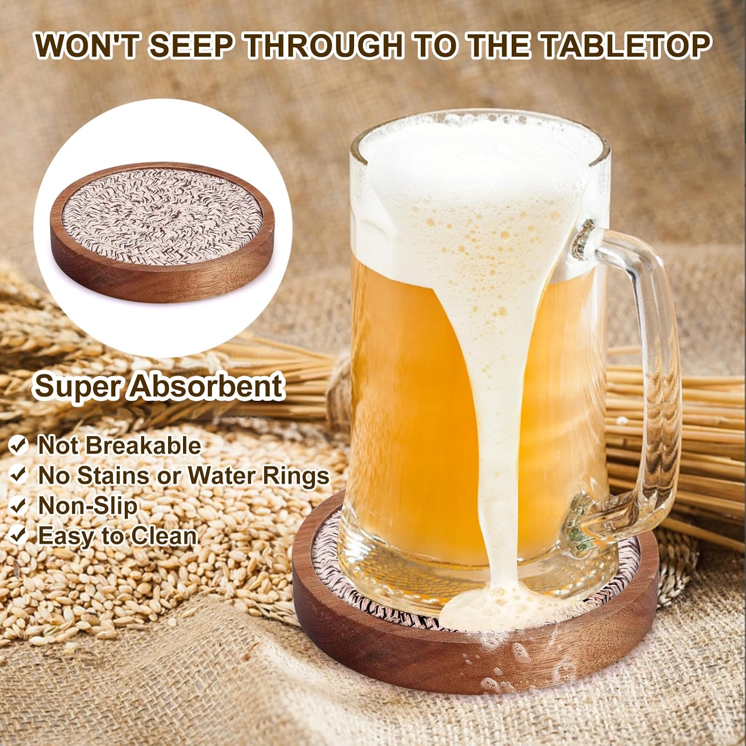 Best Absorbent Wooden Coasters Set of 5 Mixed Brown Woven Coaster Modern 4 Inches Acacia Wood Coasters for Drinks, Coffee Table Decor, Farmhouse, Bar, Office, Beer, Kitchen, Dining Room, Outdoor, Desk - Image 3