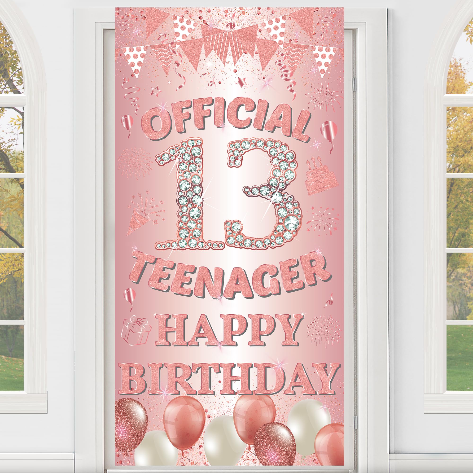 13th Birthday Decorations Banner Girls - Rose Gold Official Teenager Happy Bday Door Banners Backdrop Cloth Party Supplies Photo Backgrounds for Thirteen Year Old Outdoor Indoor Decor 185 X 90 cm