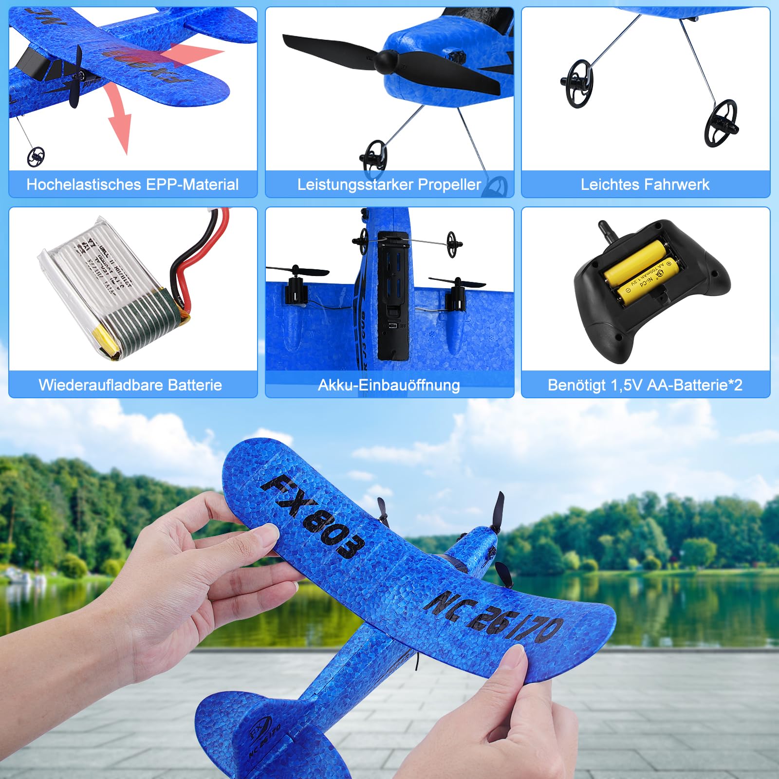 Henakmsl 2CH Aereo Telecomandato FX803, 2,4 GHz Aereo RC Aeroplano Telecomandato con 2 Batterie, Aliante Volante Telecomandato per Adatto a Bambini/Adulti/Principianti, Ricarica USB, Blu