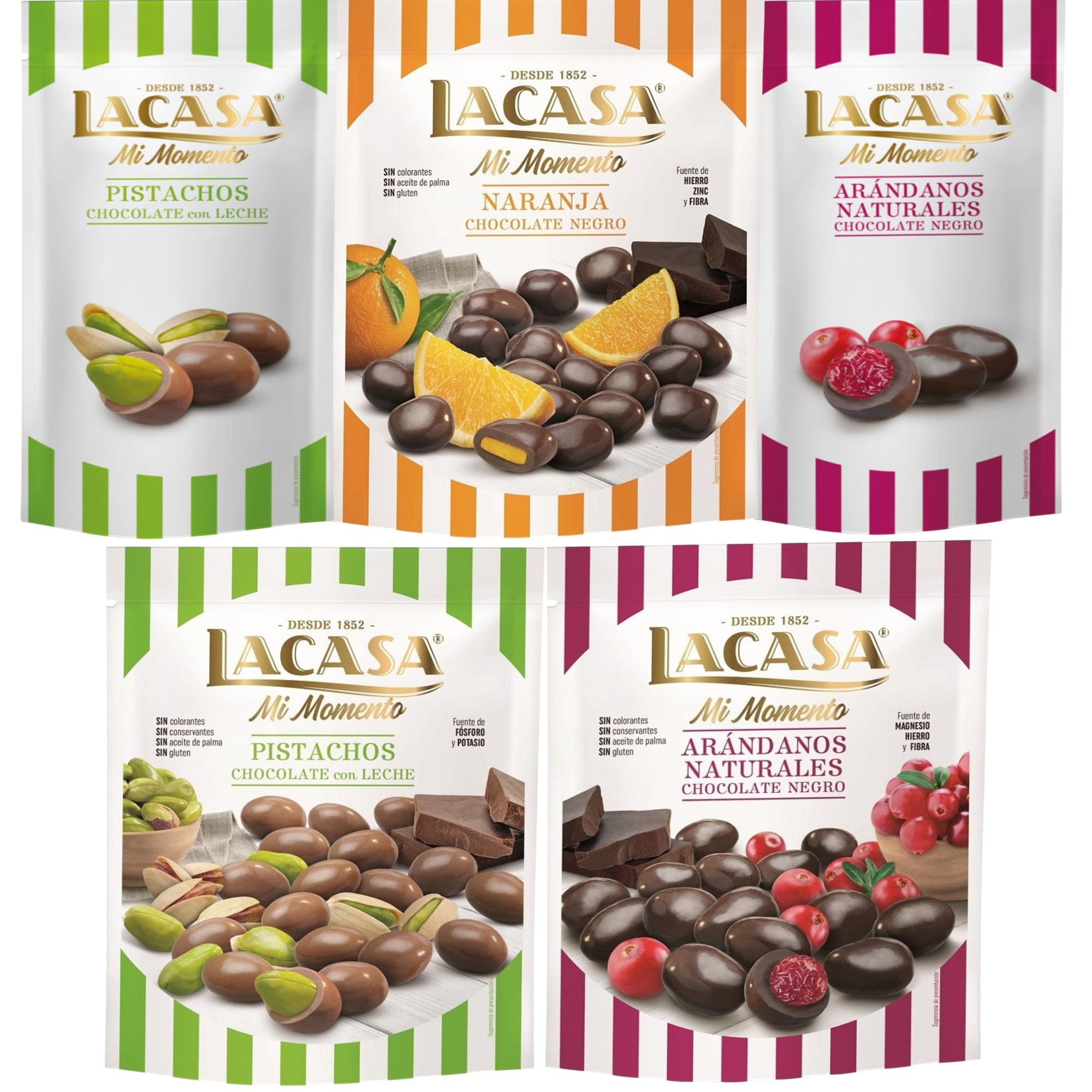 Lacasa Mi Momento pack de 5:Arándano Choco Negro,Pistacho Choco Leche,Arándano Choco Negro,Naranja Choco Negro,Pistacho Choco Leche