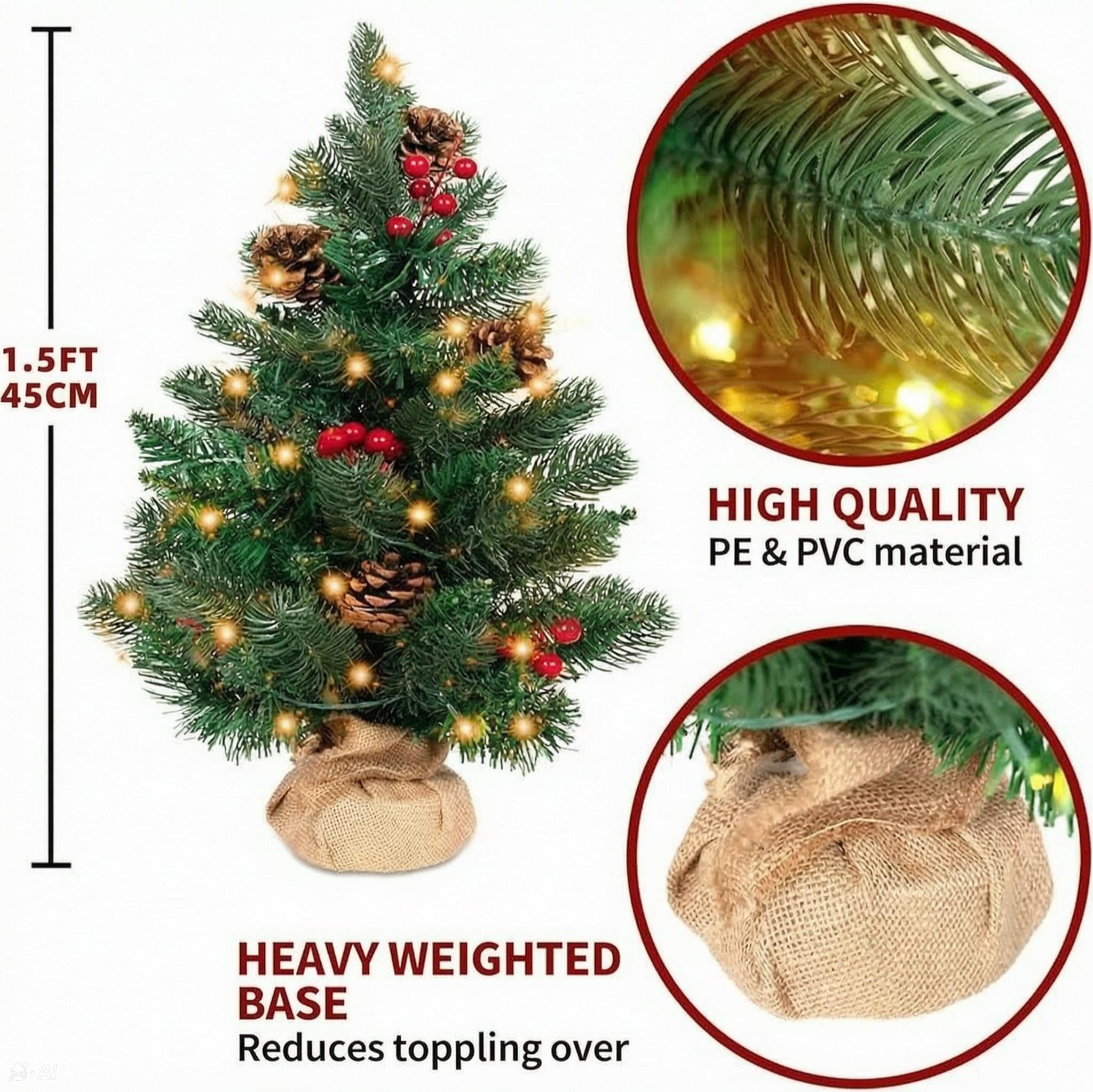 VUIUYOIES Mini albero di Natale preilluminato da 24,45 cm