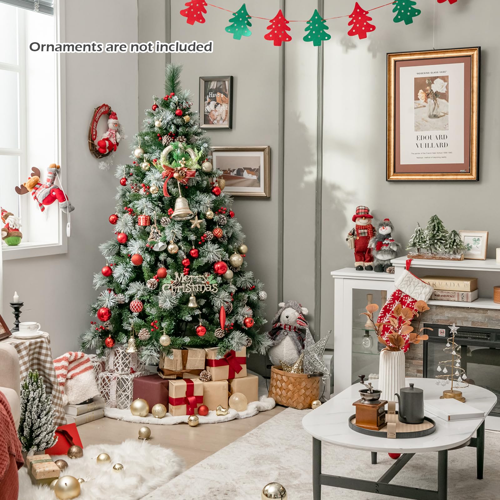 Weihnachtsbaum, LED-Lichter, schneebedeckte PVC-Spitzen, Kiefernnadeln, rote Beeren(7FT)