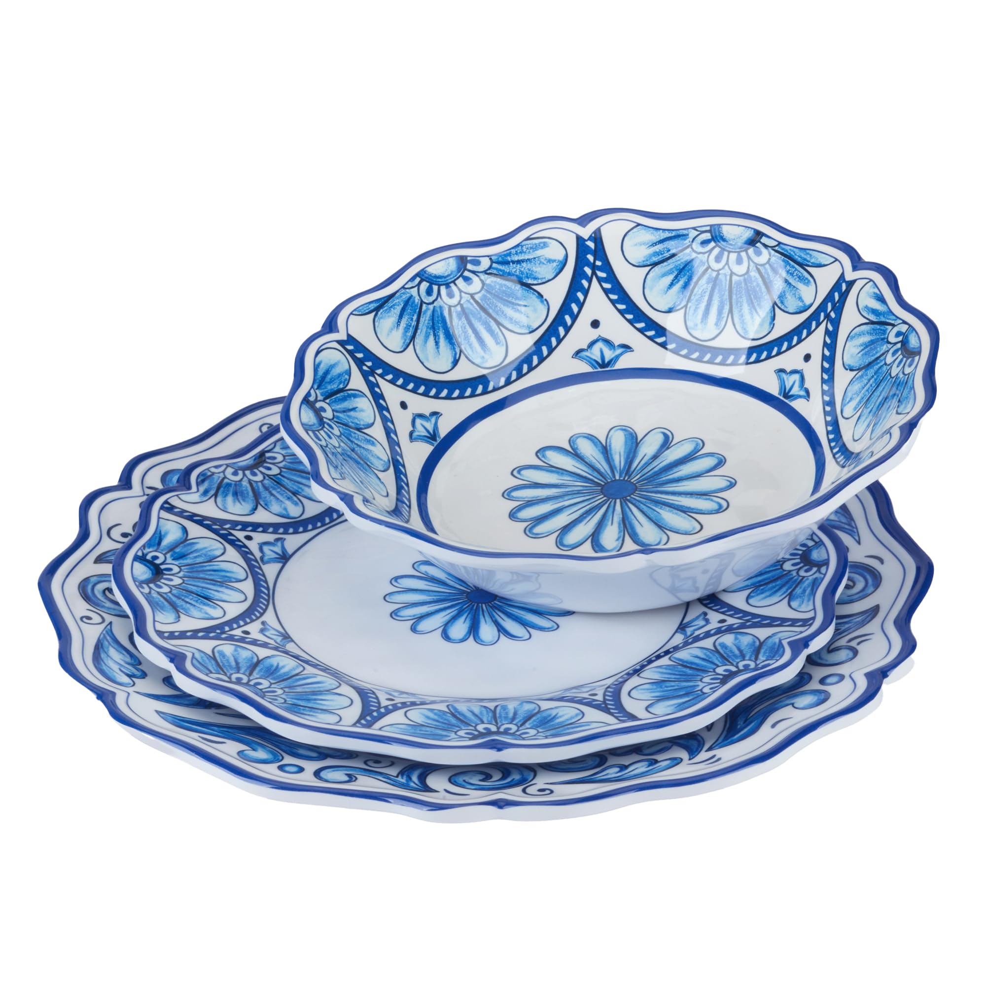 Veranda Service de table 12 pièces en mélamine pour 4 personnes – Comprend des assiettes plates, des assiettes à salade et des bols – Bleu et blanc élégant pour un usage quotidien, une salle à manger