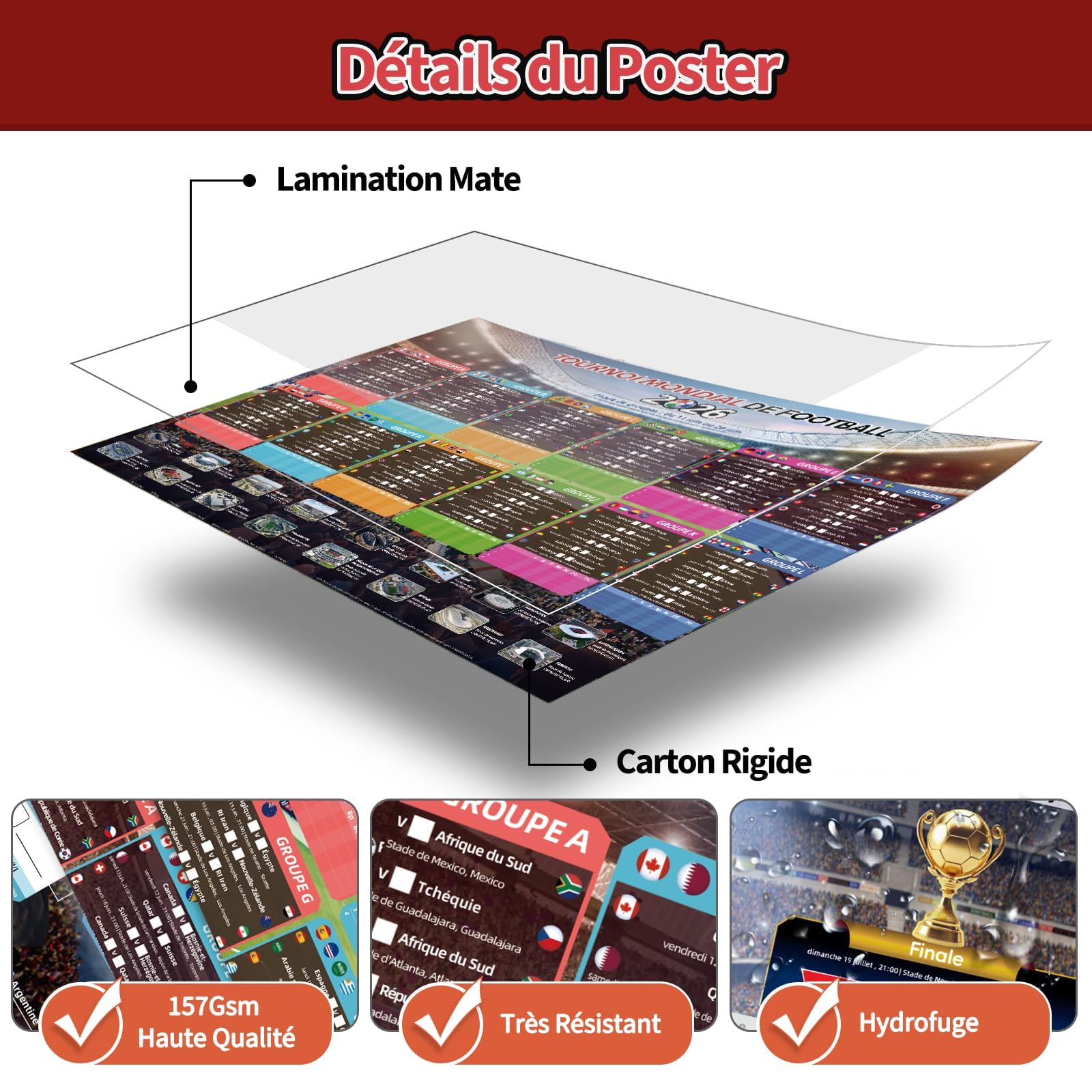 AhfuLife 2Pcs Calendrier Coupe du Monde de Football 2026, Affiche pour Coupe du Monde Decor- A2 Poster de Football- Inclure 48 Équipes Phase de Groupes et Résultats du Finale（Pliés,42 cm x 59,4 cm）