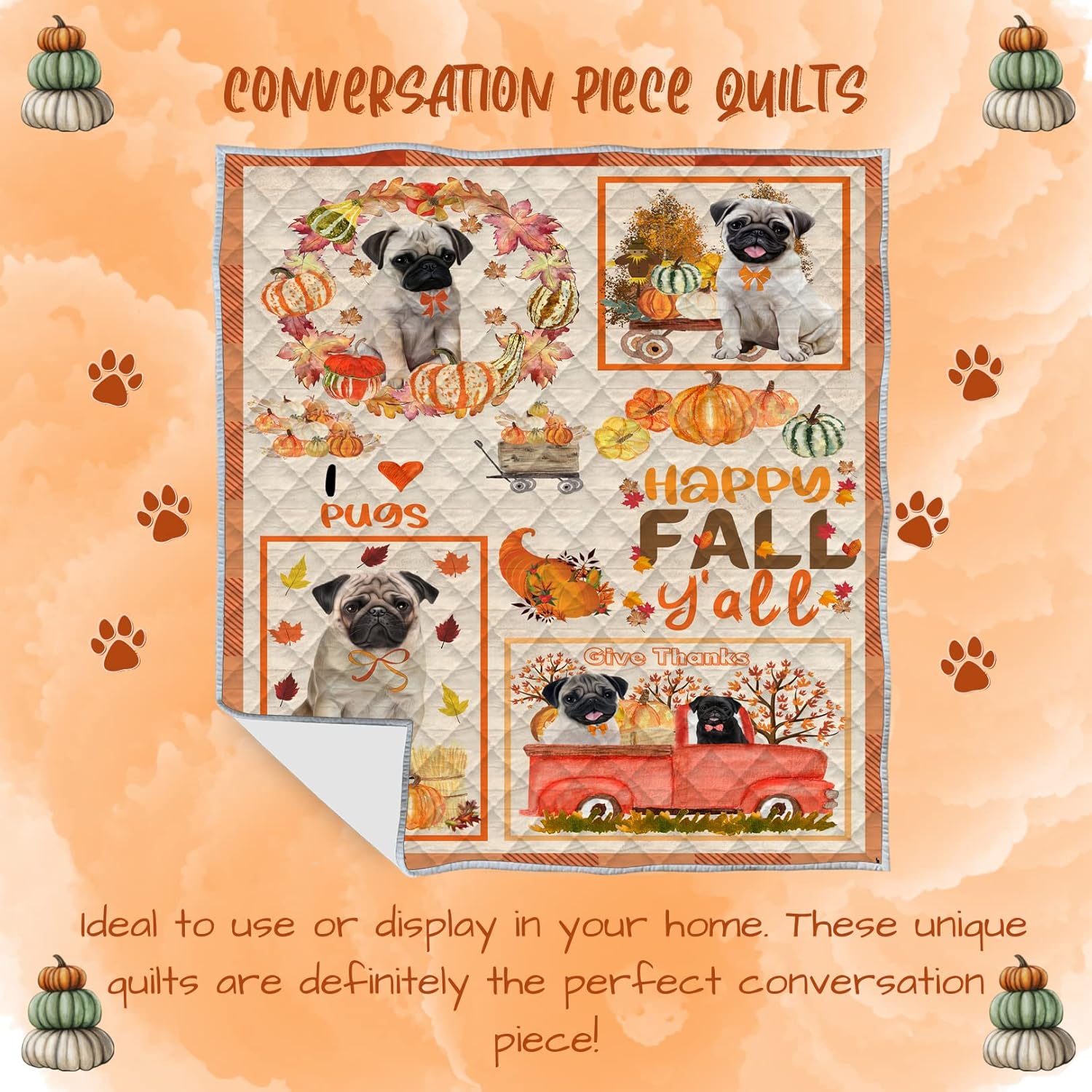 Happy Fall Y'all Pumpkin Pug Dog Quilt Bed Coverlet Bedspread - Pets Comforter with Unique One-Side Animal Printing - Soft Lightweight Washable Polyester Quilt, 70"x80"
