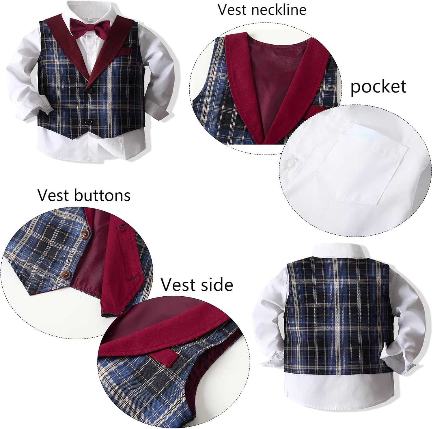 Kimocat Baby Boys Gentleman Bowtie Formal Outfit Suits Tuxedo Vest Wedding Party Suit - Image 3