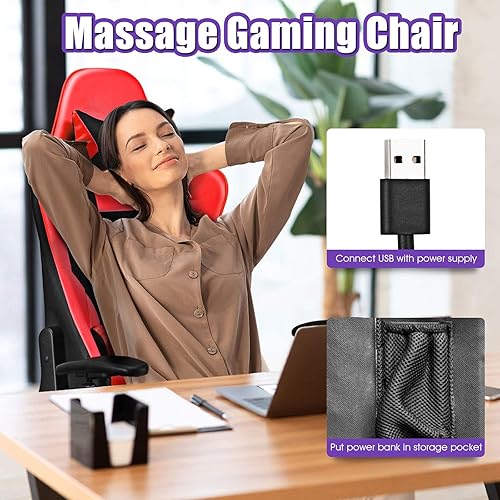 Miniatura 10 de Giantex Silla de juegos de masaje, silla ergonómica de videojuegos con reposapiés, silla de computadora E-Sport con respaldo alto con reposacabezas