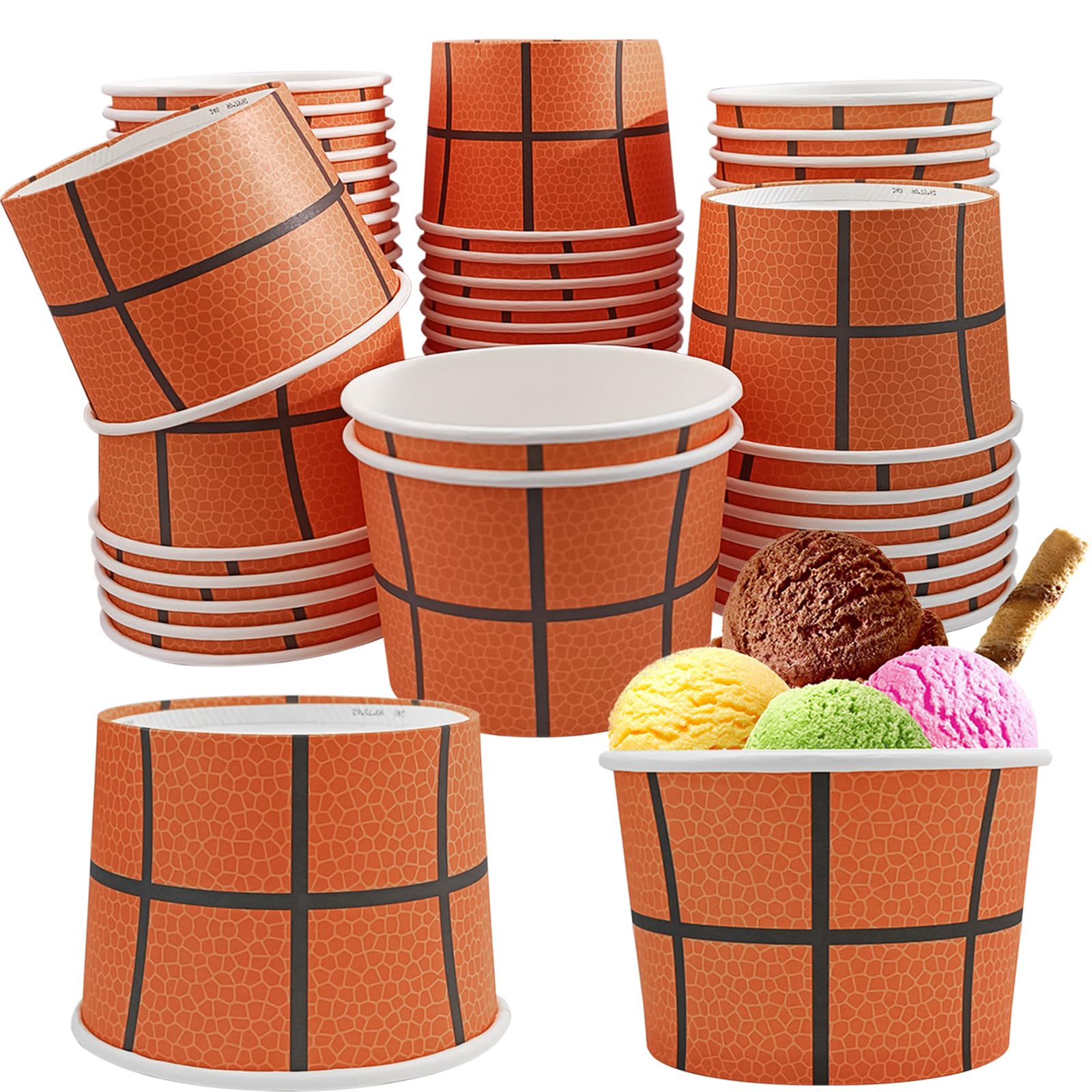 EaciTown 50 Pcs Basketball Paper Ice Cream Cups Basketball Party Treat Snacks Bowls Cute Basketball Birthday Party Supplies Dessert Food Containers For Soup Yogurt, 9 OZ, Orange